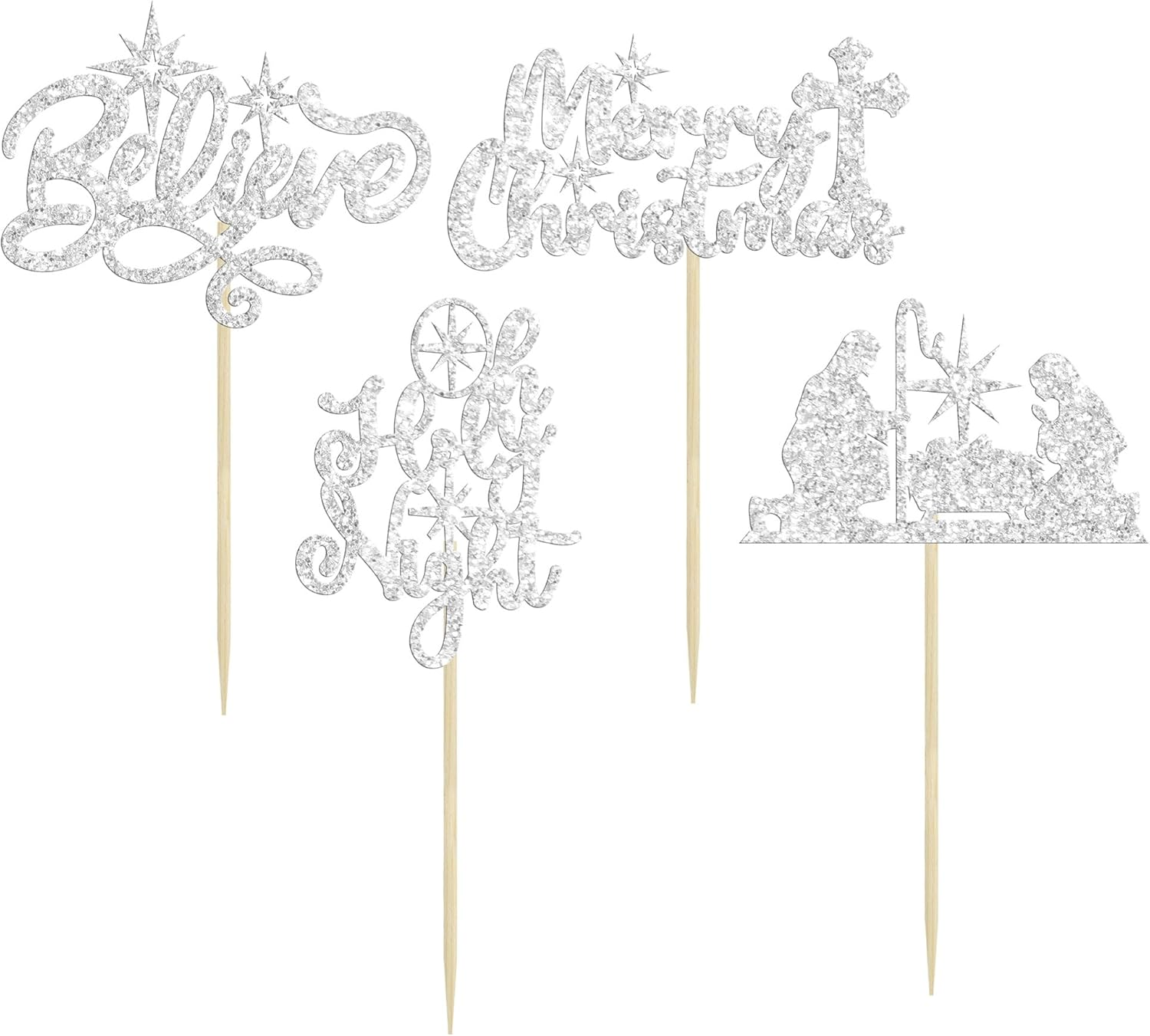 24Pcs Merry Christmas Nativity Cupcake Toppers Glitter Holy Night Blessed Hope Believe Jesus Birthday Cupcake Picks for Nativity Scene Theme Christmas Party Supplies Silver image number 2