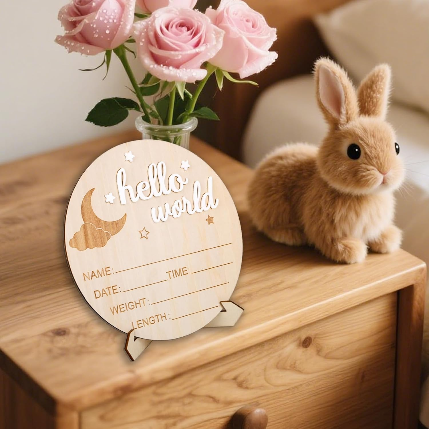 Wooden Hello World Newborn Sign, 5.8In Birth Announcement Board Baby Name Plaque Birth Stats Board for Boys and Girls Cute Nursery & Hospital Photo Prop