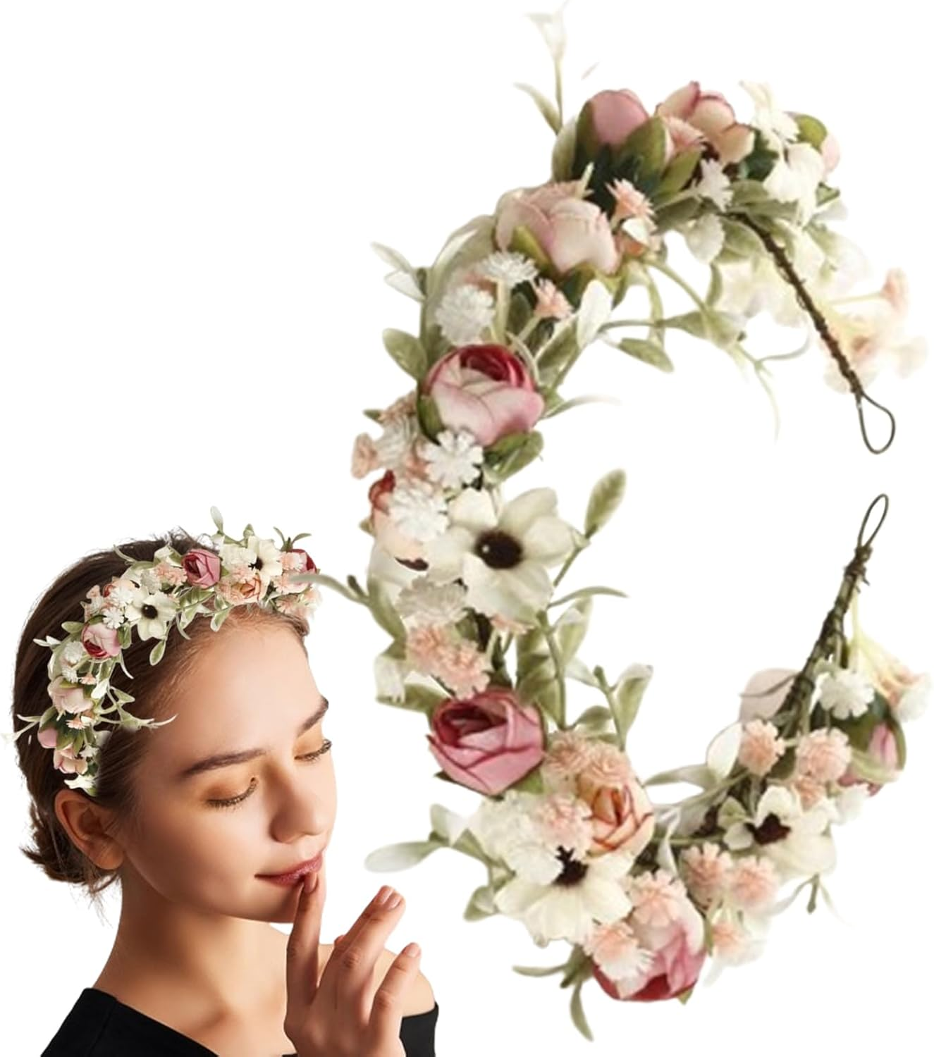 Bridal Flower Crown, Women Roses Floral Crown Hair Garland Adjustable, Bohemian Wedding Bridal Flower Headpiece for Womens Girls - Pink image number 5