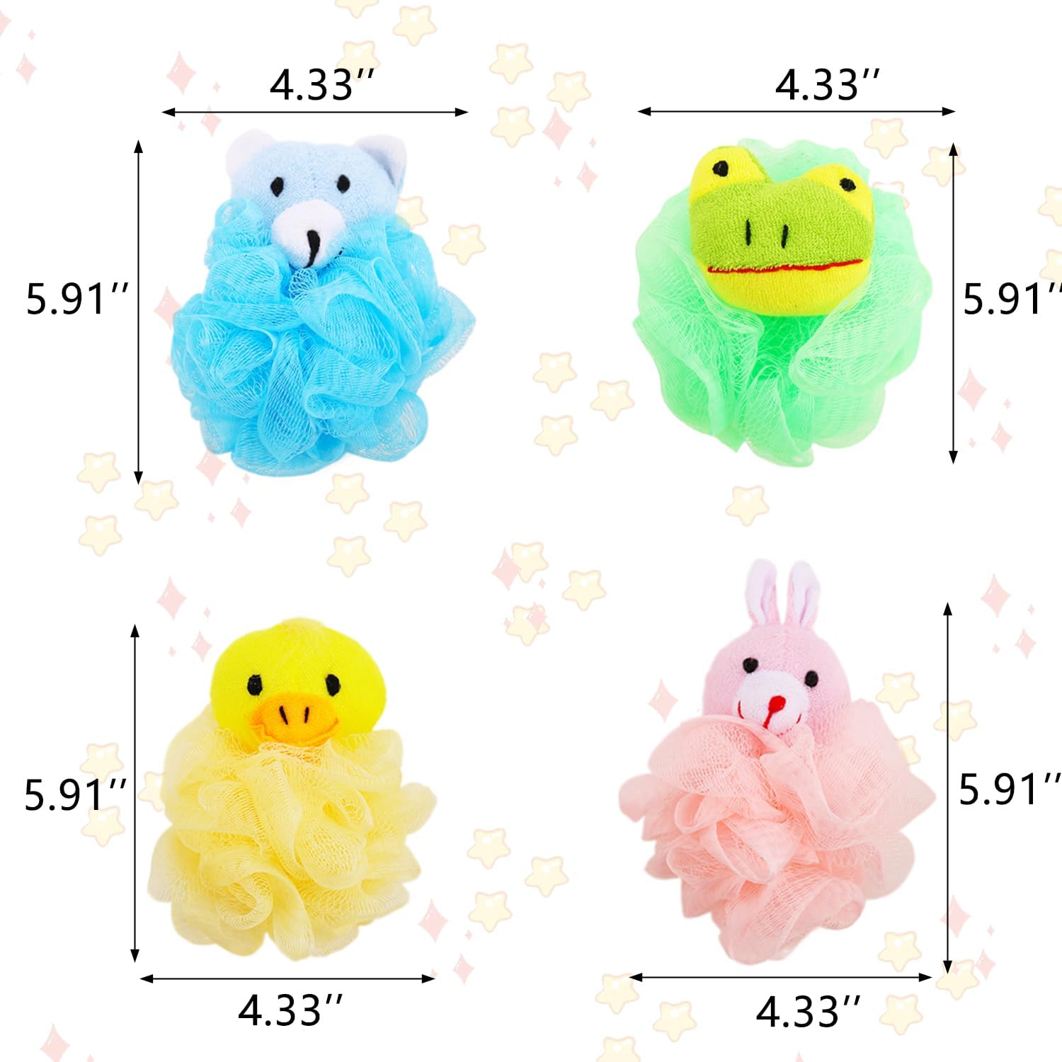RAMFIYN 4 Pack Fun Bubble Bath Kid Adult Loofahs, Cute Animal Loofah Bath Sponge, Shower Puffs Body Scrubber, Cute Animal Sponges image number 1