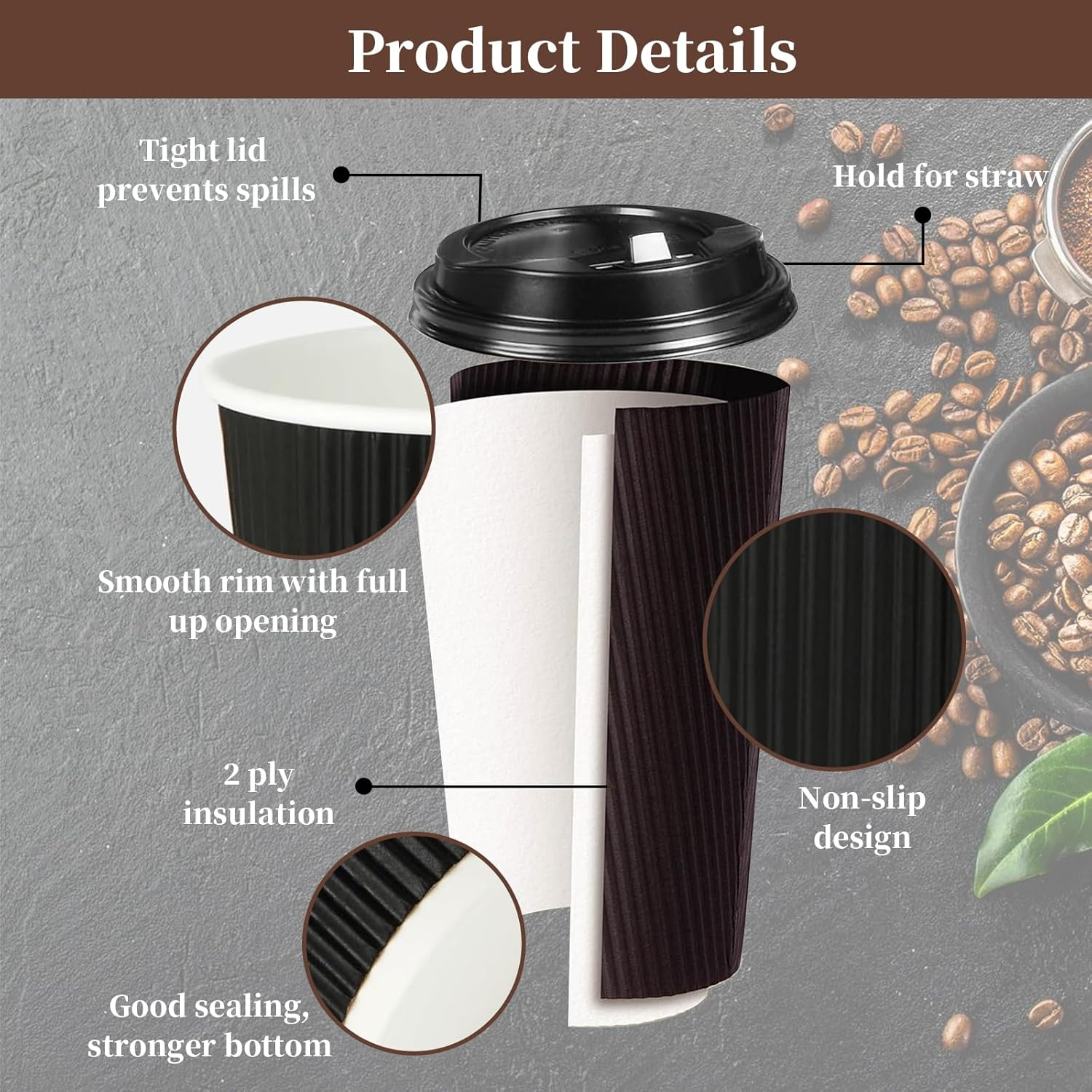 COHGUDA 50 PCS Disposable Paper Coffee Cups with Lids, 16 Oz Insulated Paper Cups for Hot and Cold Drinks, Corrugated Ripple Wall Cup Suitable for Party Travel (16Oz)