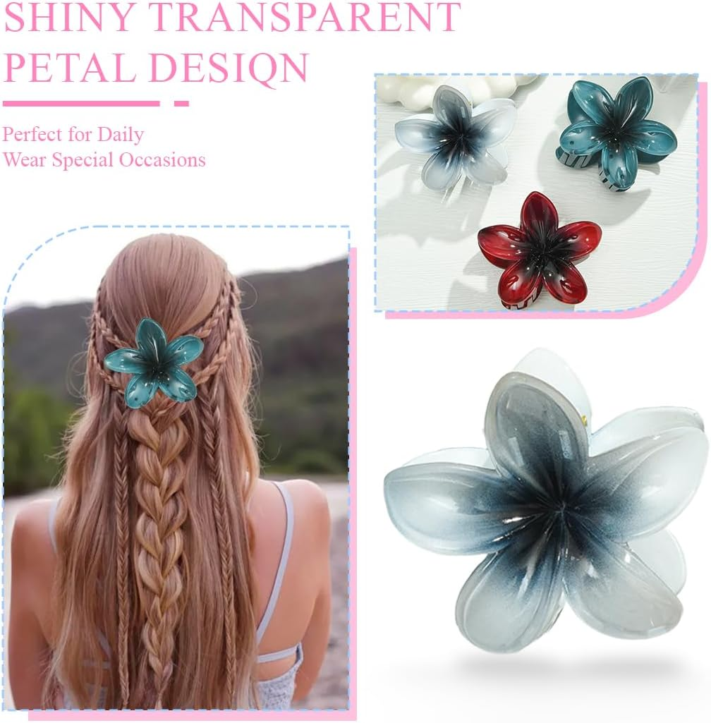 Hawaiian Plumeria Hair Accessories, Flower Hair Clip - Large Claw Clips for Thick and Thin Hair, Tropical Beach Hair Clips for Women and Girls, Pack of 3