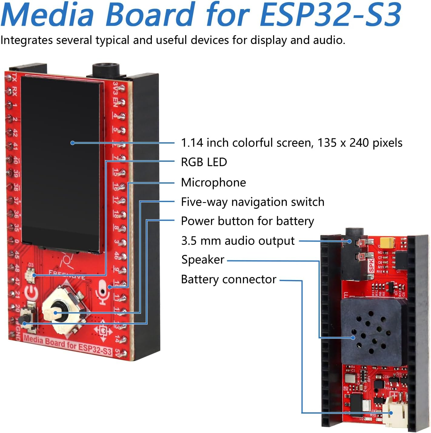 Freenove Media Kit for ESP32-S3 ESP32 S3 CAM 1.14 Inch Screen, Supporting Openai/Xiaozhiai, Dual-Core 32-Bit 240 Mhz Microcontroller Camera Wireless, Speaker Microphone, Tutorial Code