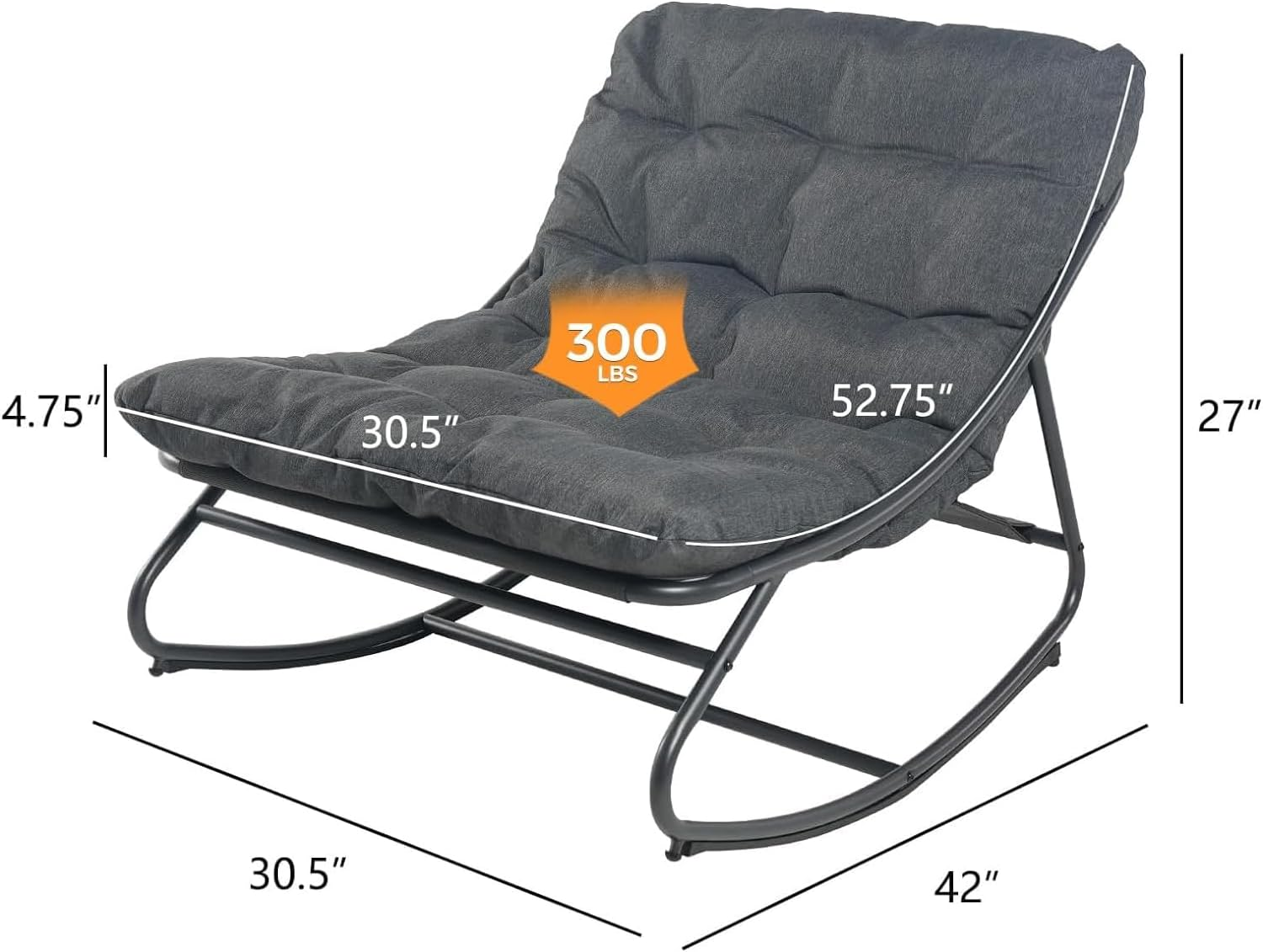 Grand Patio Steel Rocking Chair Indoor & Outdoor, Patio Lounge Rocking Chair with Thick Cushion for Relaxing Reading Napping, Comfortable Modern Rocker Chair for Living Room, Front Porch, Backyard image number 3