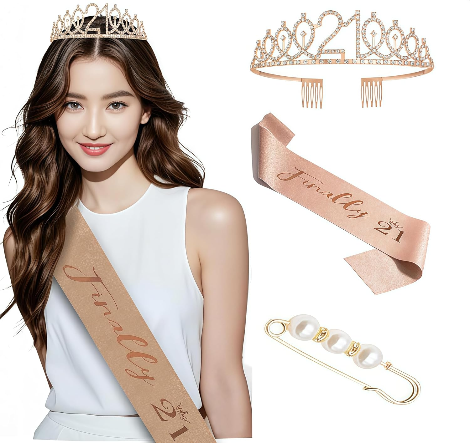 21St Birthday Party Decorations Set, Rose Gold Crown Tiara, Cake Topper, Sash and Number Balloons image number 2
