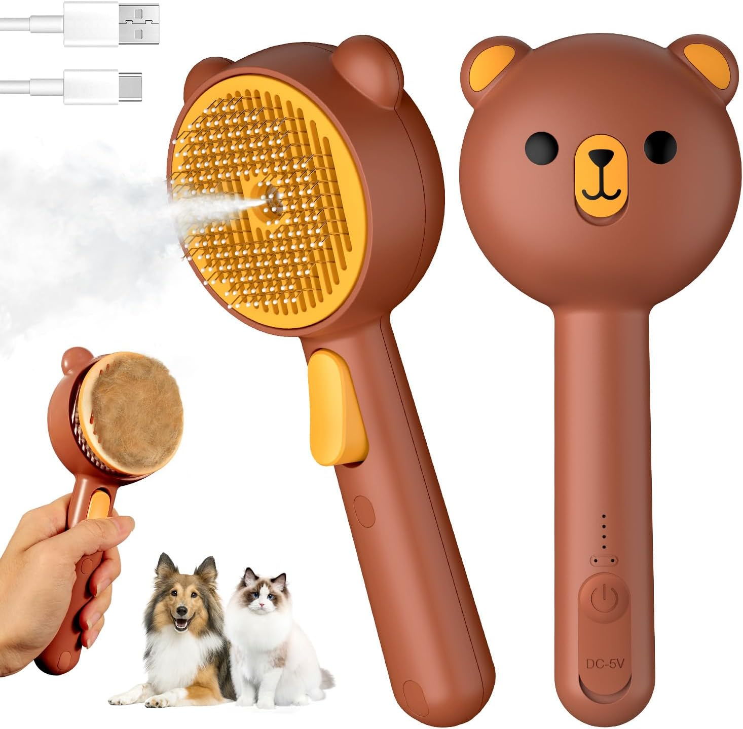 Cat Steam Brush, Self Cleaning Pet Spray Hair Removal Comb with Release Button, 3 in 1 Cat Brush for Indoor Cats, Waterproof Pet Grooming Brushes for Long Short Haired Dogs Cats（Brown） image number 1