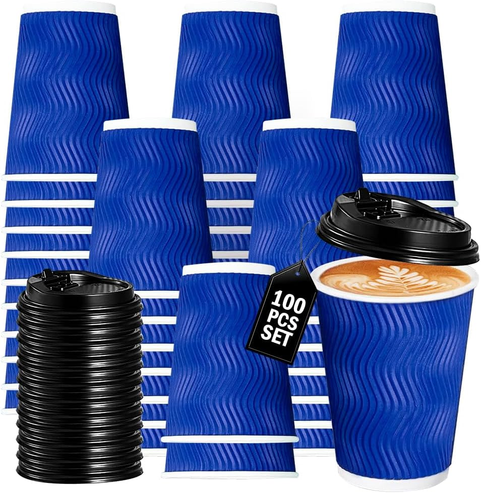 Vivva 12Oz 100 Pack Ripple Wall Paper Cups, Disposable Coffee Cups with Lids, to Go Paper Coffee Cups for Hot/Cold Beverages, Tea, Hot Chocolate, Juice. Ideal for Home, Restaurant, and Cafe (Blue) - Black - 8Oz image number 7