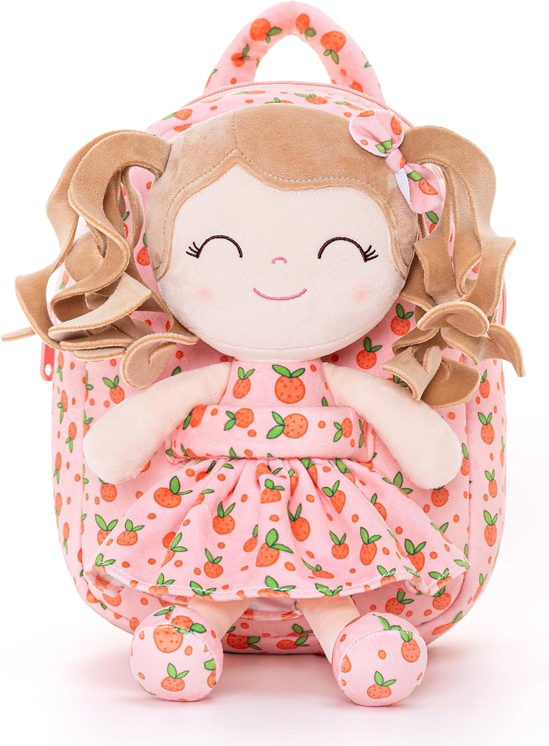 Gloveleya Toddler Backpack Baby Girl Gifts Curly Hair Plush Figures Dress Backpack Kids Backpack Curly Hair Spring Girl Fruit Section-Orange 9Inches