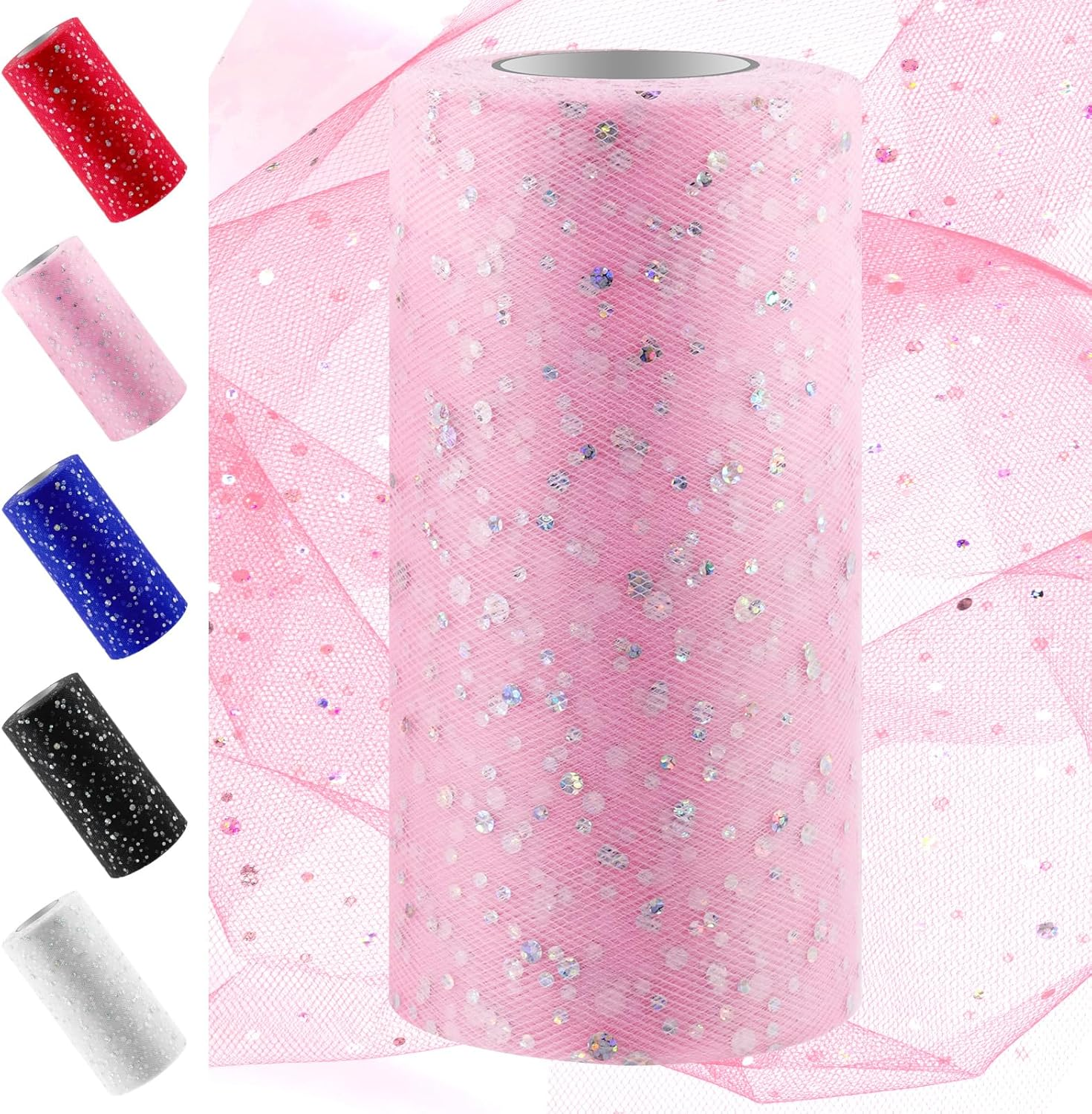 Swpeet 6 Inch by 50 Yards White Glitter Tulle Fabric Roll, Fabric Spool Sparkling Tulle Ribbon, Netting Polyester Spool for DIY Birthday Party Wedding Decorations Christmas Craft Supplies