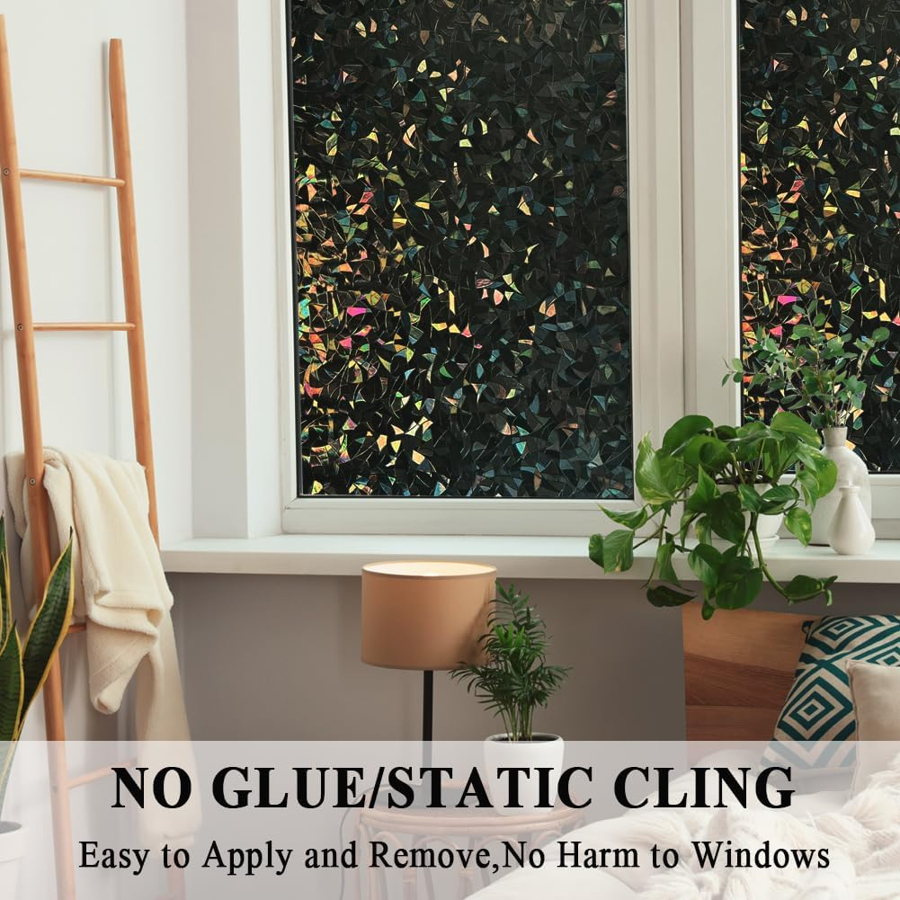 100% Light Blocking Blackout 3D Prism Privacy Window Film Room Darkening Glass Door Tint,Rainbow Effect Static Cling Heat Control anti UV for Home and Office,35 Inches by 78.7 Inches image number 3