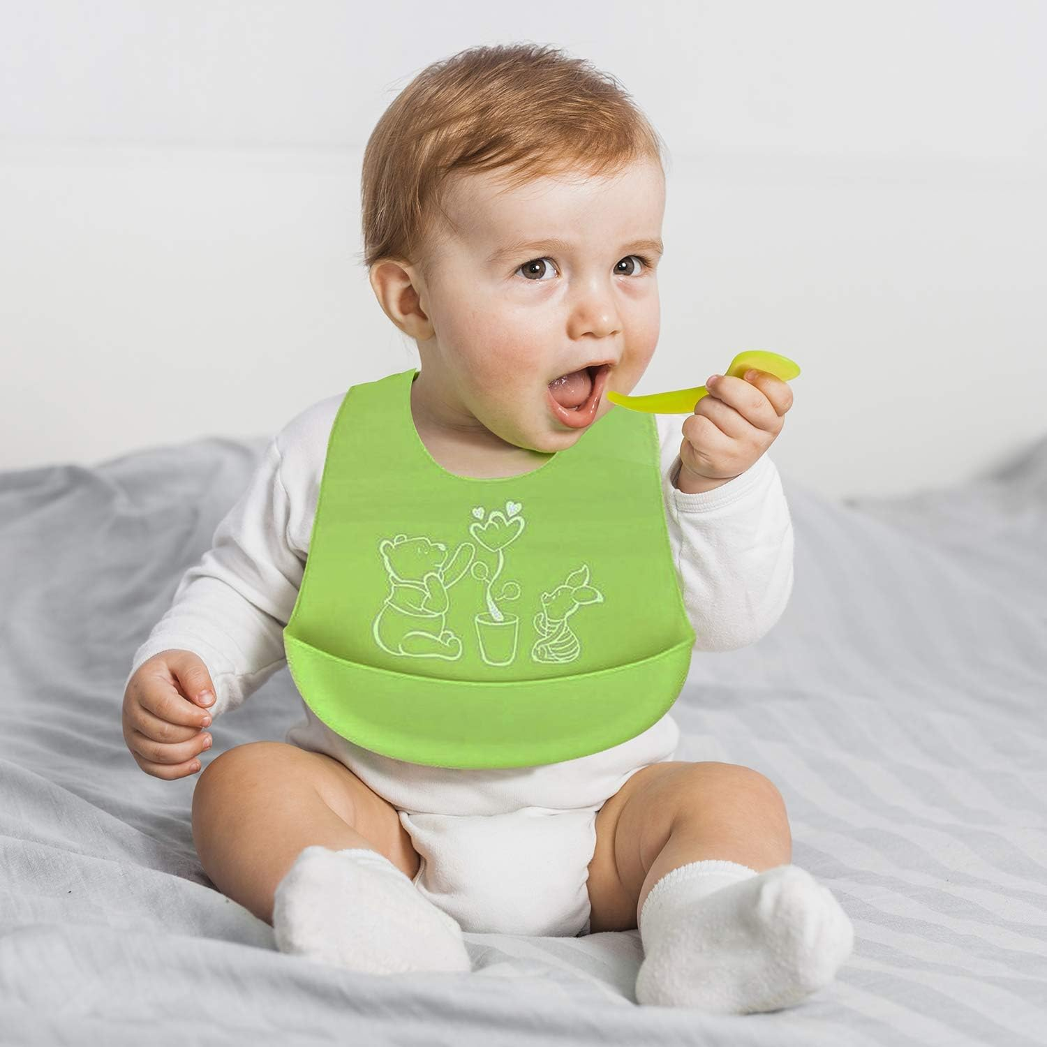 Waterproof Silicone Baby Bibs (Set of 2) with Food Catcher Pocket &ndash; BPA Free, Food Grade Feeding & Weaning Bib for Toddlers, Boys & Girls - Adjustable, Roll up Design Green & Blue image number 4