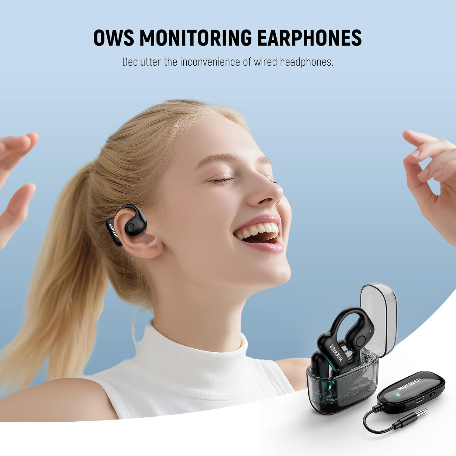 NEEWER EB01 2.4G Wireless 3.5Mm TRS Dongle OWS Real Time Monitoring Earphones, Noise Cancelling, Mono Track, 30M Range, 24H Battery in Ear Earbud Monitor System Compatible with VM10 VM11 CM28 CM31 Mic