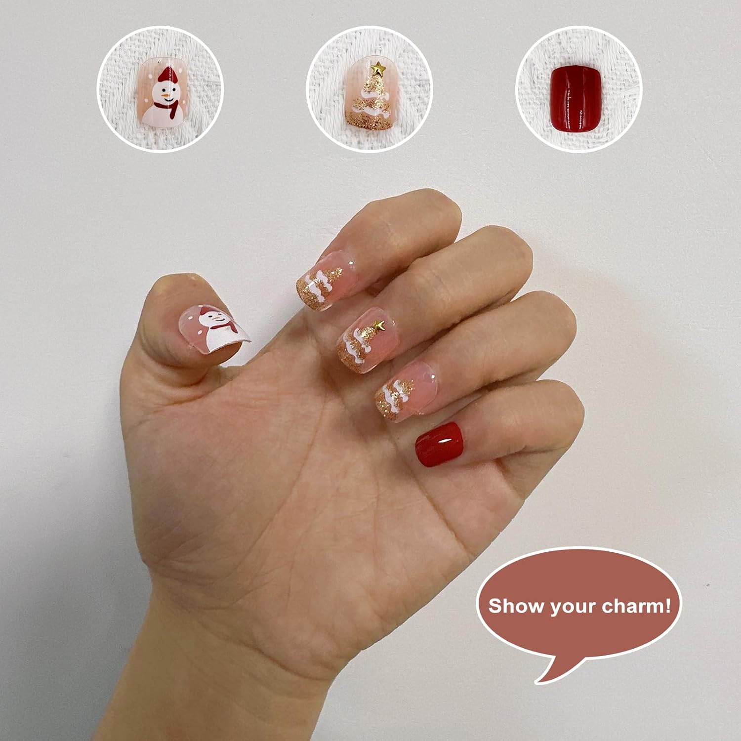 24PCS Christmas Press on Nails Xmas Short Fake Nails Cute Fingernails with Snowman and Christmas Tree Pattern Design Glossy Acrylic Nails for Women or Girls image number 2