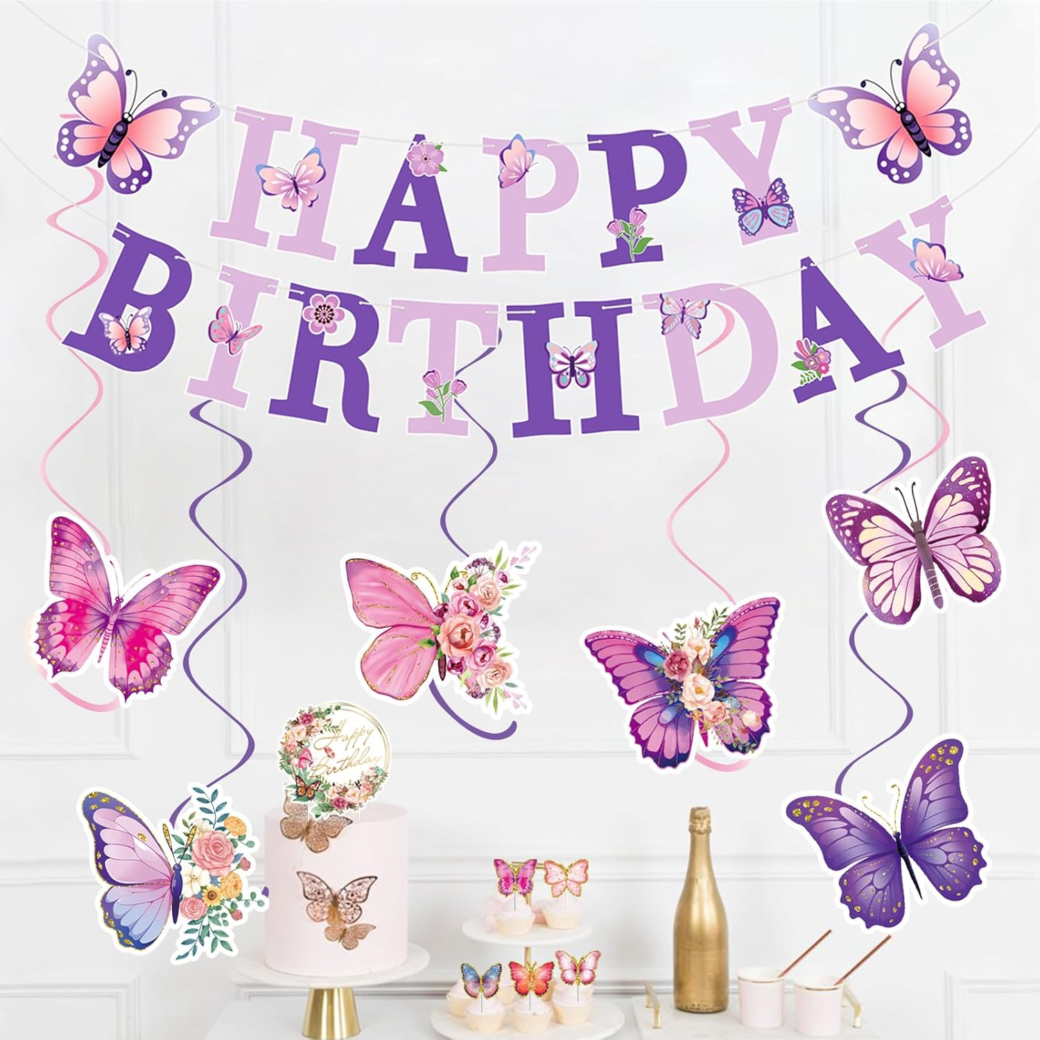 Butterfly Birthday Party Decorations Set, 19 Pieces, Purple and Pink Banner with Hanging Swirls and Cupcake Toppers