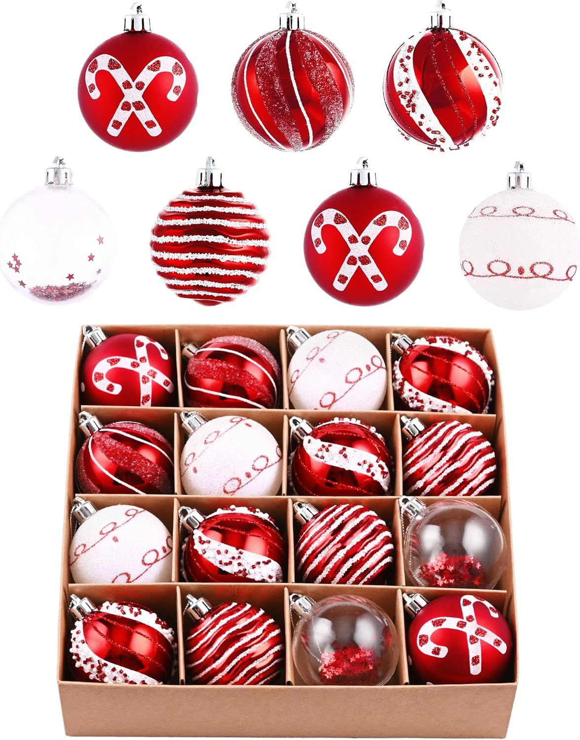 Valery Madelyn Christmas Valentines Ornaments Set, 16Ct Candy Cane Red and White Shatterproof Christmas Ball Ornament Set, 2.36 Inch Assorted Hanging Tree Decoration Bulk for Xmas Holiday Decor