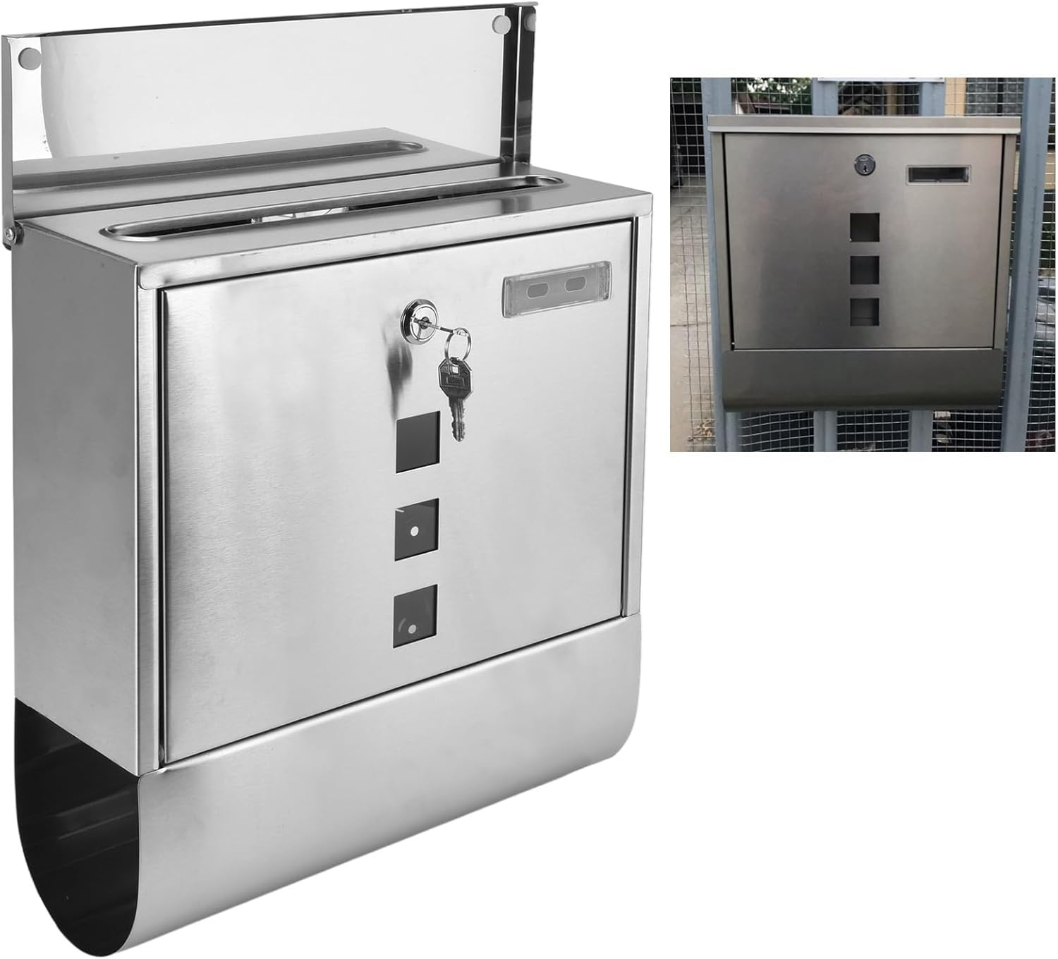 European Style Locking Mailbox with Narrow Slot, 2 Keys, Small and Compact Stainless Steel Wall Mounted Vertical Mailboxes for outside Garden