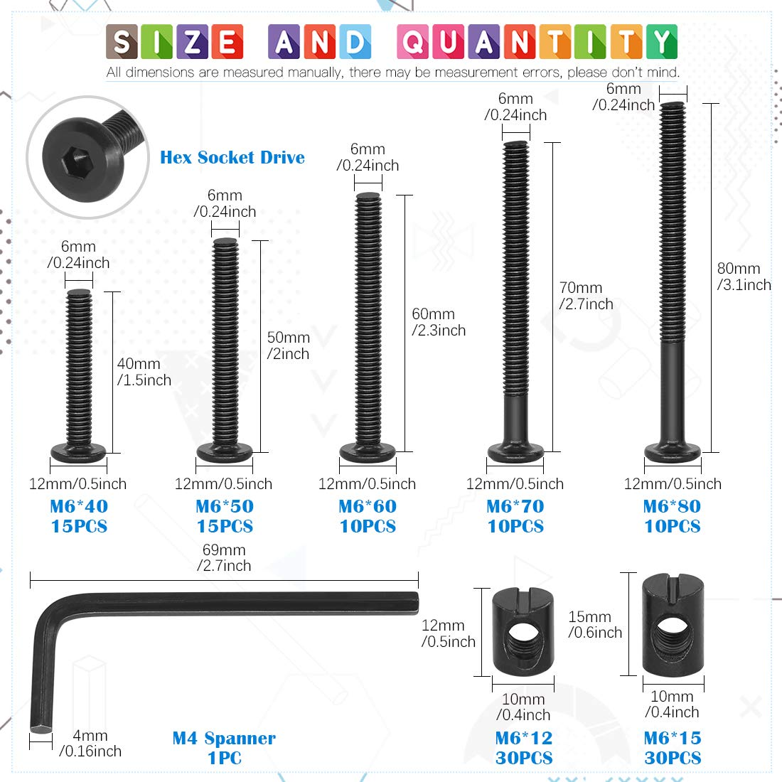 Glarks 120Pcs M6X40/50/60/70/80Mm Black Hex Socket Cap Bolt Screws and Barrel Nut Assortment Kit with a Allen Wrench for Crib Baby Bed Cots Furniture image number 1