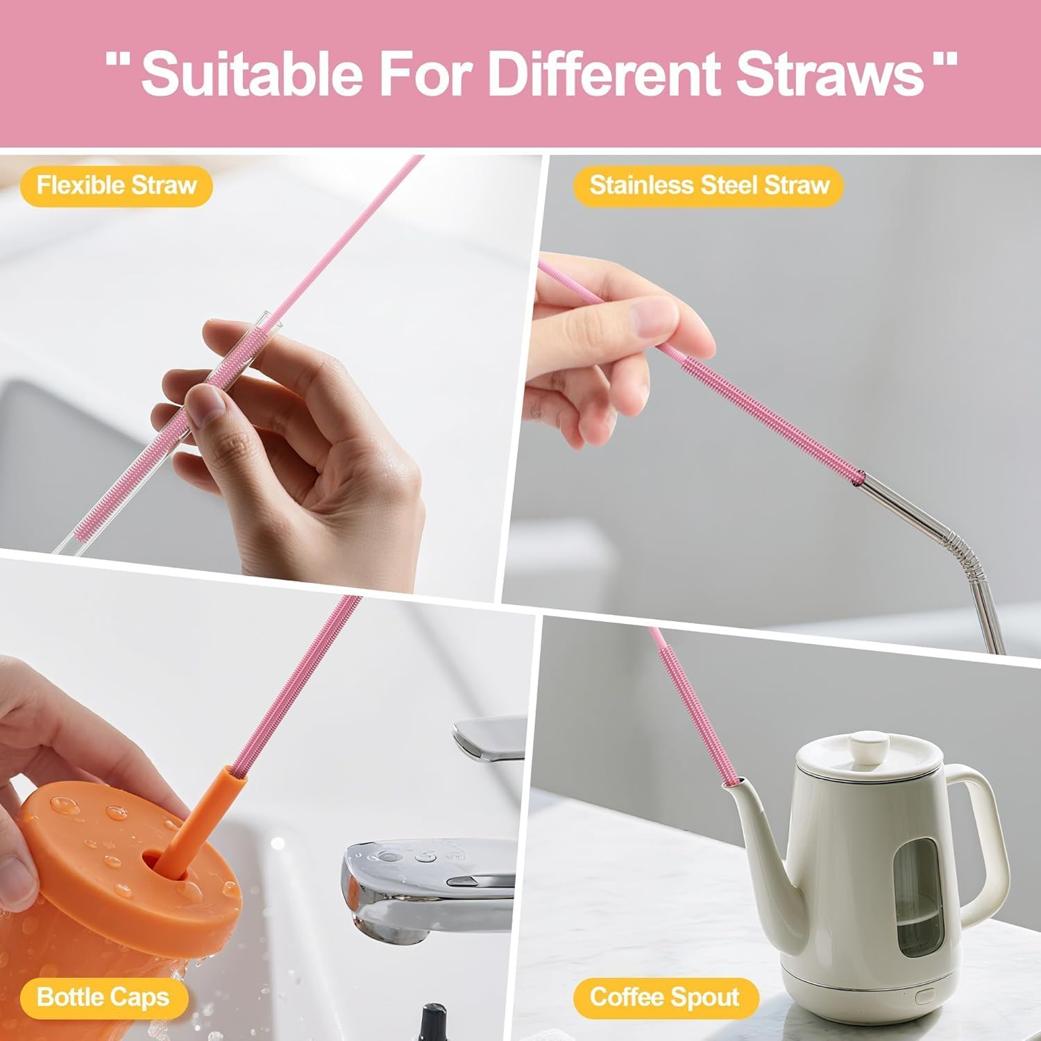 Silicone Straw Cleaner Brush - 4 Pcs Straw Brush for Water Bottle Sippy Cup Tubes Glass Straws, Reusable Bendable and Dishwasher Safe （Pink） image number 1