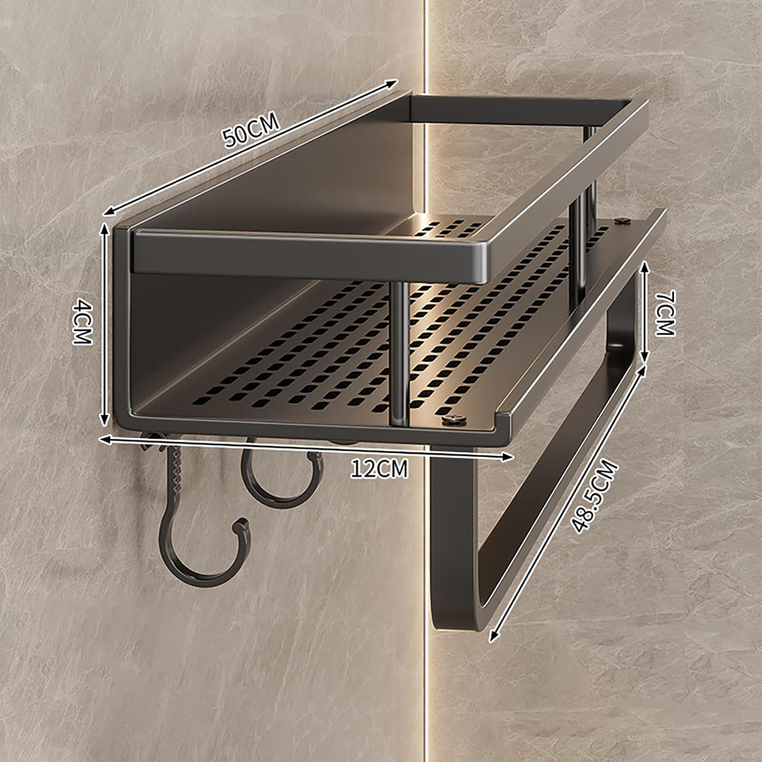 ZOOMTEC Large Shower Caddy with 5 Hooks and Removable Towel Bar, W50&times;D12Cm Rustproof Shower Organizer, Wall-Mounted No Drilling Bathroom Caddy for Balcony (Black) - Grey image number 5