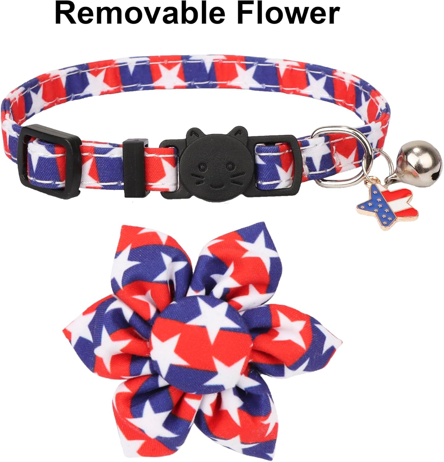 ADOGGYGO American Flag Cat Collars with Removable Flower Bell, Adjustable 4Th of July Cat Floral Collars Red Blue Cat Flag Collars for Cats Kittens (4Th of July) - 4Th Of July image number 6
