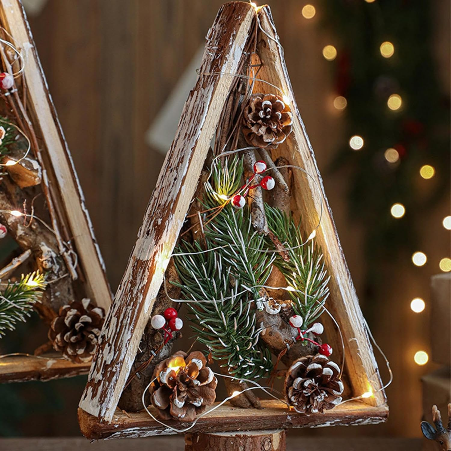 Wood Christmas Tree - Standing Christmas Tree Wood Sign | Table Centerpieces, Pine Cones Wooden Ornament, Farmhouse Party Favors for Home Desk Shelf