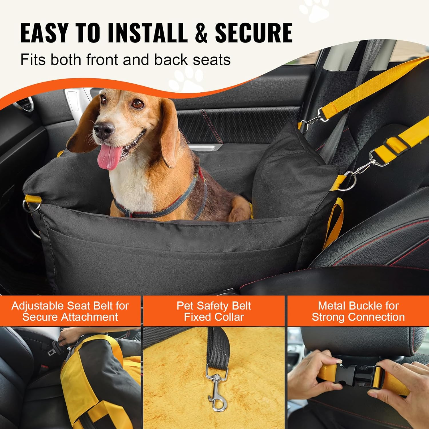 VEVOR Dog Car Seat, Waterproof Dog Booster Seat for Car with Side Handles and a Storage Pocket, Clip-On Safety Leash and PP Cotton Filling, Vehicle Bed for Small Dogs up to 25Lbs, Black