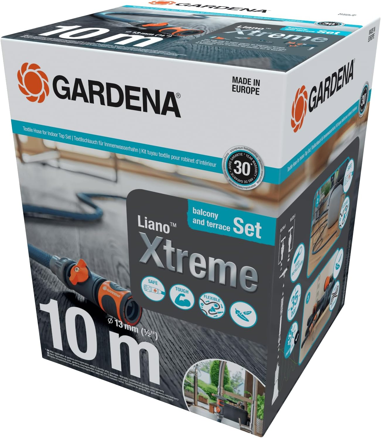 Gardena Liano Xtreme 1/2 Inch, 10M + Indoor Adapter: Extremely Robust Textile Garden Hose, for Indoor Water Taps, with PVC Inner Tube, Lightweight, Weather-Resistant (18490-20) image number 1