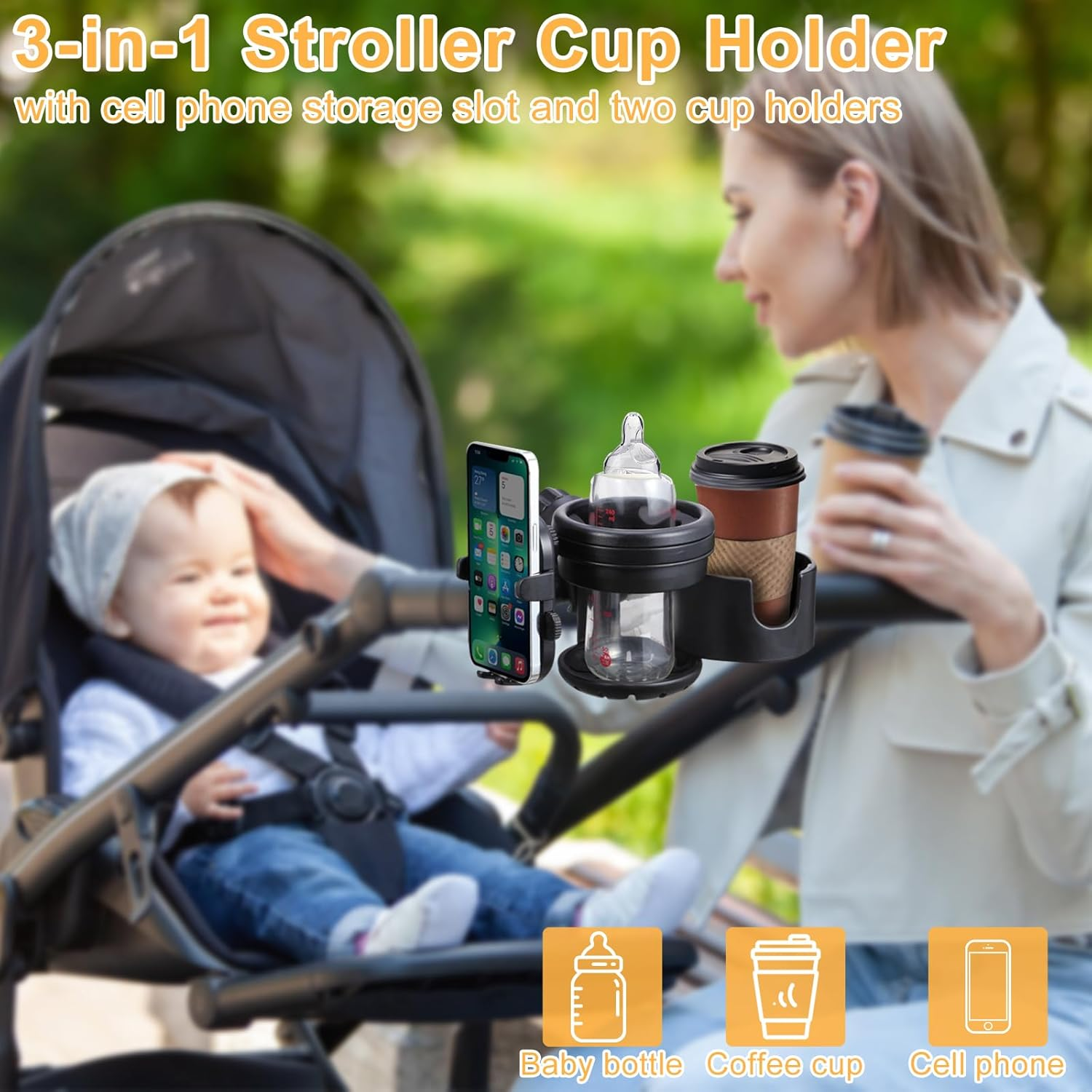 Stroller Cup Holder with Phone Holder, Universal 360 Degree Rotation Pram Drink Holder, 3-In-1 Strollers Storage Rack for Pushchair, Wheelchair, Bike, Wheelchair, Walker, Fits Most Cups (Black) image number 1