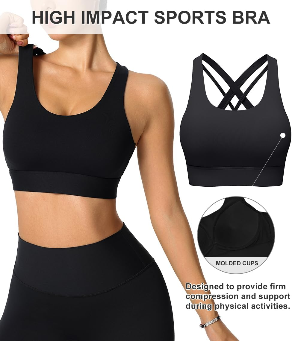 High Impact Sports Bra for Women - Criss-Cross Back, Molded Cups, Hook and Eye Closure - High Support Running Bra image number 2