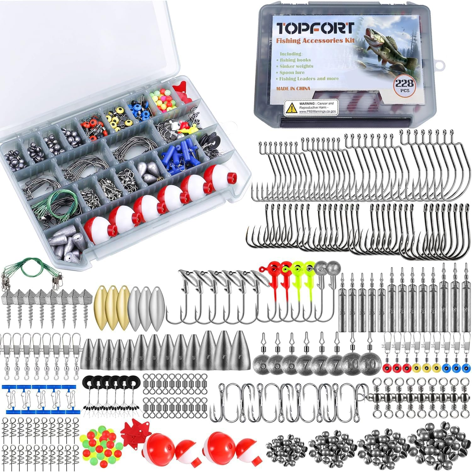 TOPFORT 187/343Pcs Fishing Accessories Kit, Including Jig Hooks, Bullet Bass Casting Sinker Weights, Fishing Swivels Snaps, Sinker Slides, Fishing Set with Tackle Box
