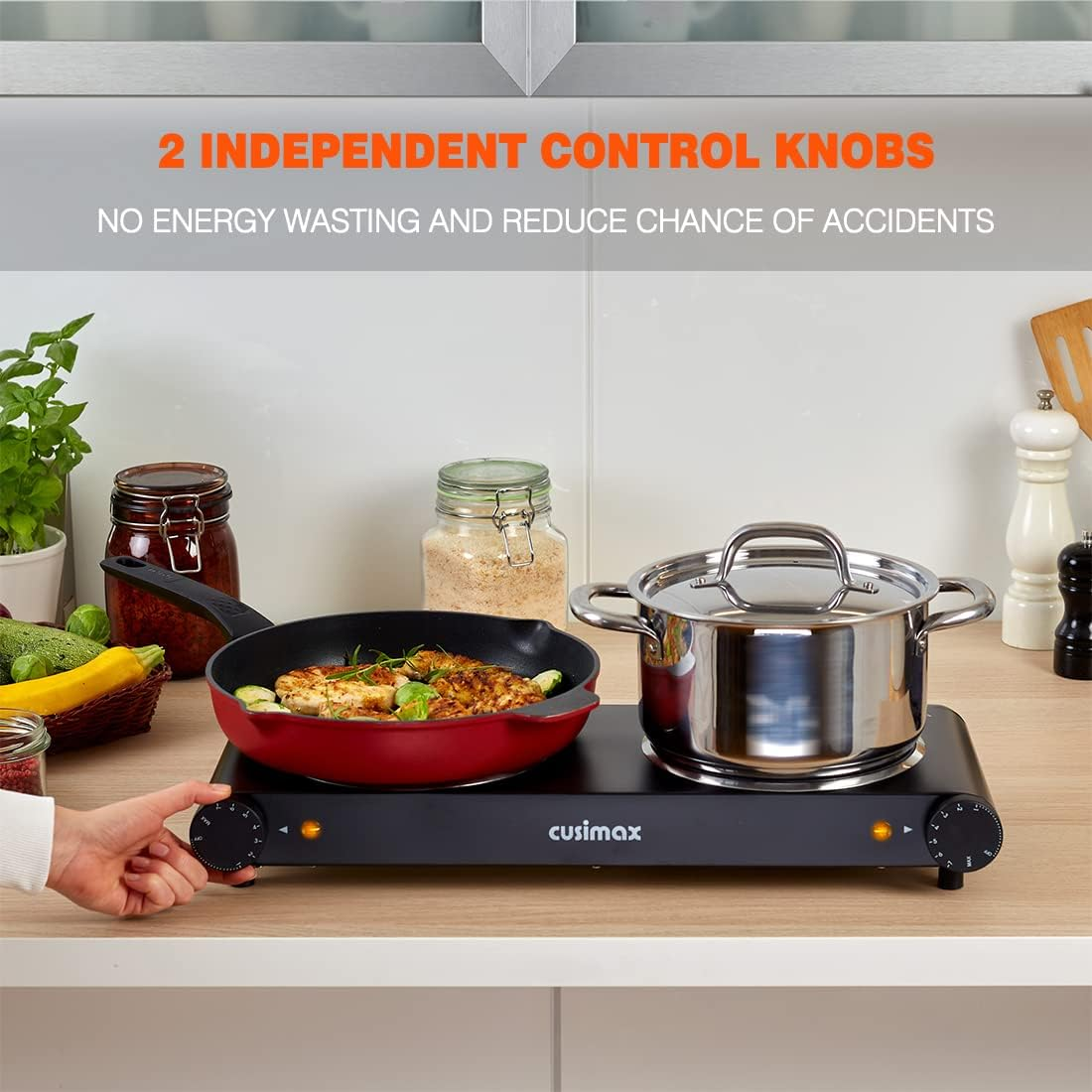 CUSIMAX Infrared Double Hot Plate 1200W & 1200W, Double Ceramic Hotplates Electric Stove for Cooking with Independent Adjustable Thermostat, Cooktop Burner, Compatible for All Cookwares image number 3