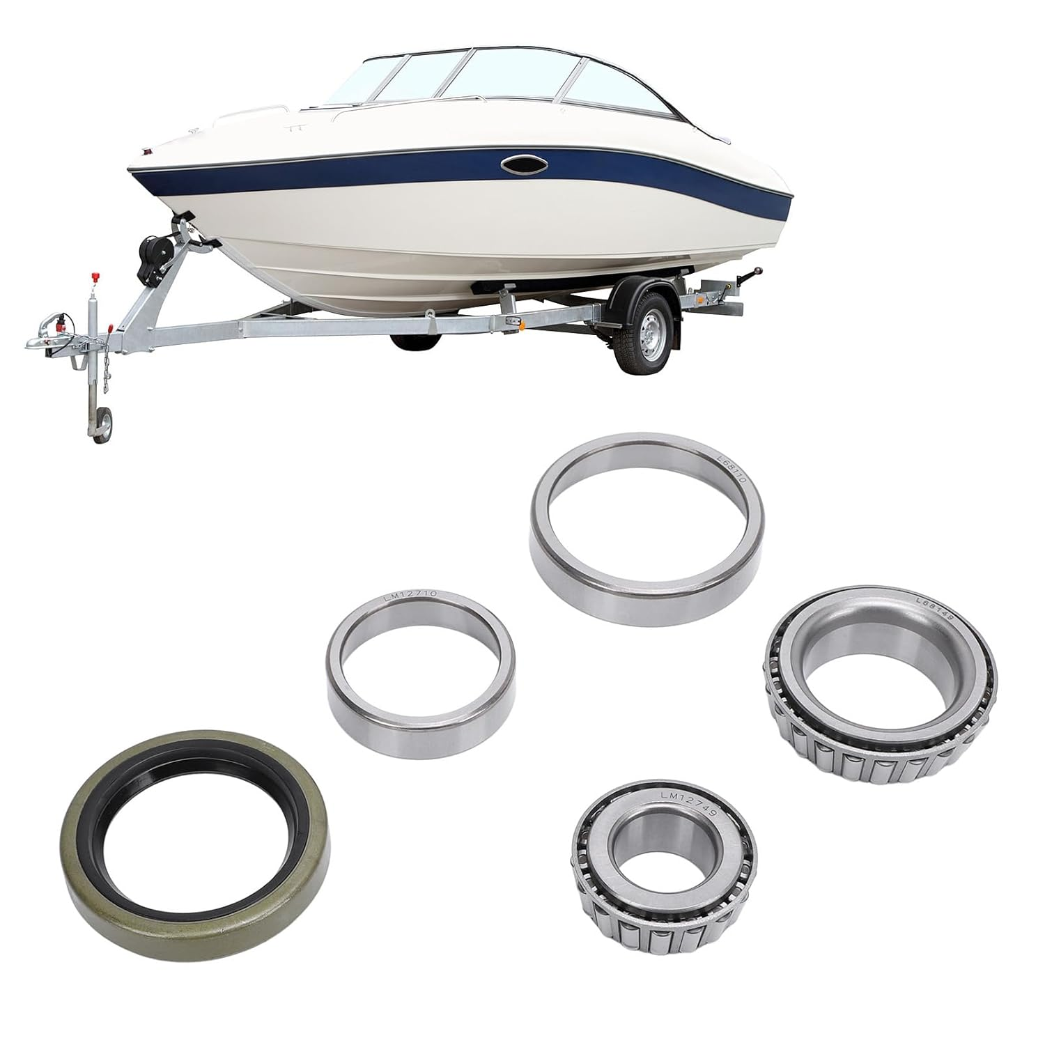 5PCS Marine Trailer Bearing Kit, Steel Alloy Boat Trailer Axle Wheel Hub Bearings Set with Seals for Boat, Efficient Axle Support, Includes LM12749, LM12710, L68149, L68110 image number 3