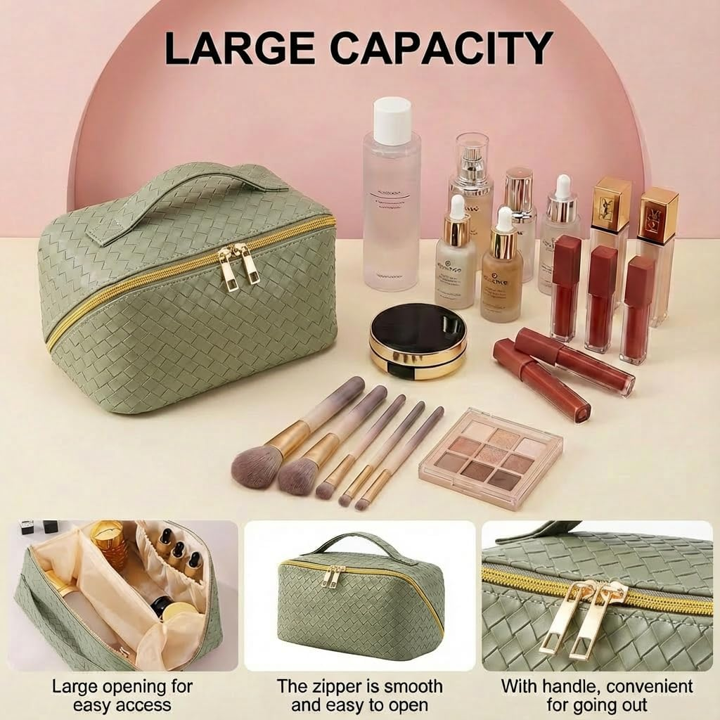 Large Capacity Makeup Bag with Handle & Dividers | Wide-Open Waterproof Travel Cosmetic Organiser for Women Toiletry Bag for Makeup Brushes & Beauty Essentials (Green) - Black image number 3