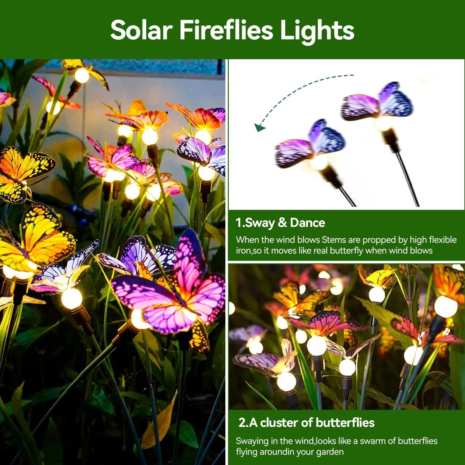 Theapro 4 Pack Solar Butterfly Garden Lights, Total 24 Leds Solar Lights Outdoor Dancing Motion Decorative Stakes Wind-Activated LED Lights IP65 Waterproof for Garden Patio Yard Path image number 6