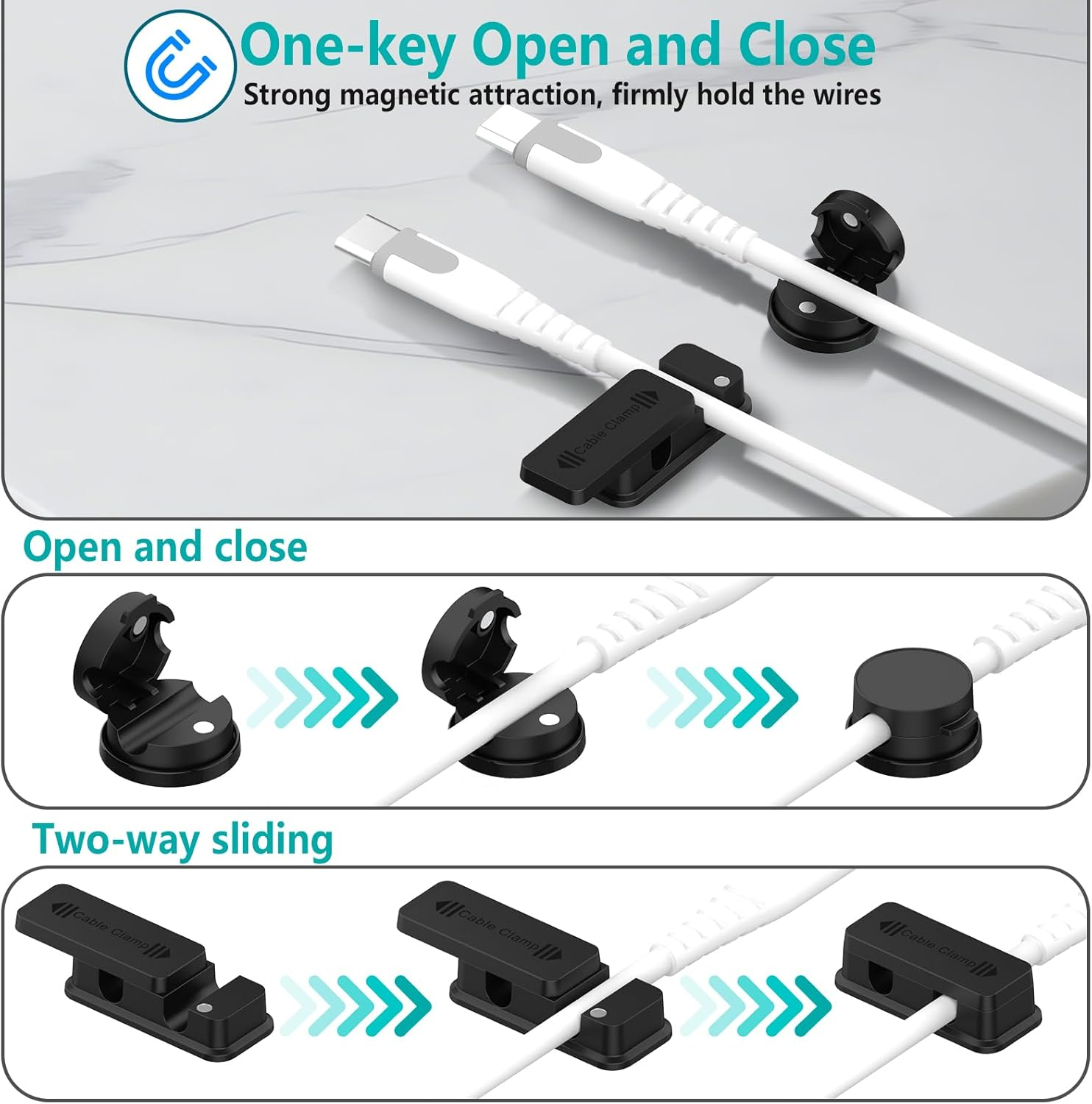 Geeric 8 Pack Magnetic Cable Management, 6 PCS Rotatable Cord Organizers, 2 PCS Dual Slot Charging Cords Wire Holders, Adhesive for Office Home Car - Black image number 2