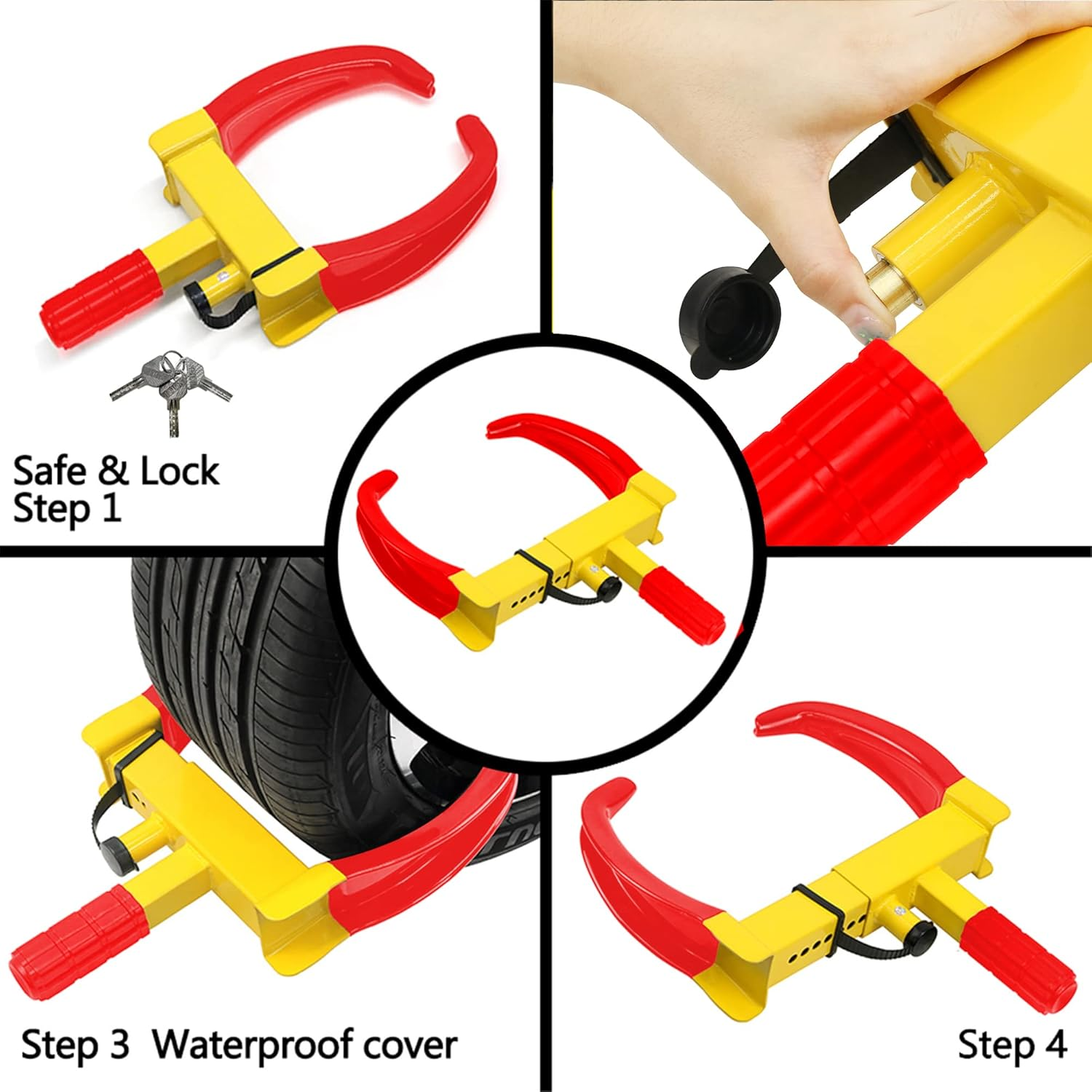 KAYCENTOP Wheel Clamp Lock Tire Lock anti Theft Lock Fit Most Vehicles Max 10" Tire Width and 7" Reach for Trailers SUV Boats Atvs Motorcycles Golf Cart Great Deterrent Bright Yellow/Red image number 2