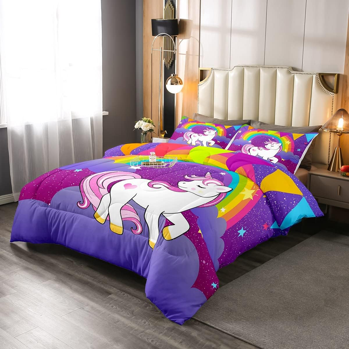 Girls Unicorn Comforter Set Twin Girls Bedding Set Cute Rainbow Unicorn Print down Comforter Kids Cartoon Kawaii Duvet Set Galaxy Stars Fantasy Girls Room Decor Children Unicorn Reversible Purple image number 1