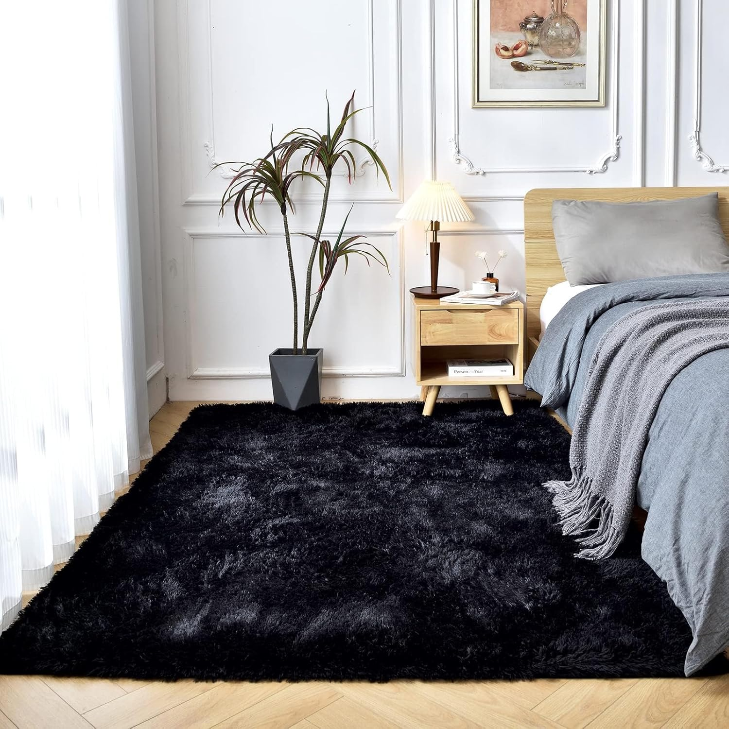 Shaggy Rugs for Bedroom Living Room, Super Soft Fluffy Fuzzy Area Rug for Kids Baby Nursery, Modern Indoor Plush Carpet for Home Decor, 4X5.2Ft Floor Furry Rugs for Children Dorm (Black, 120 * 160Cm)