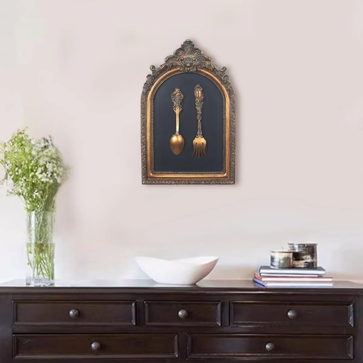 S-MANTIS Vintage Wall Sculpture,Antique Pediment,Hallway Wall Art, Hand Painted Wall Decoration with Embossed Intricate Spoon and Fork Design, Arched Aesthetic Room D&eacute;cor, Gallery, Unique Gift - Antique-Spoons image number 2