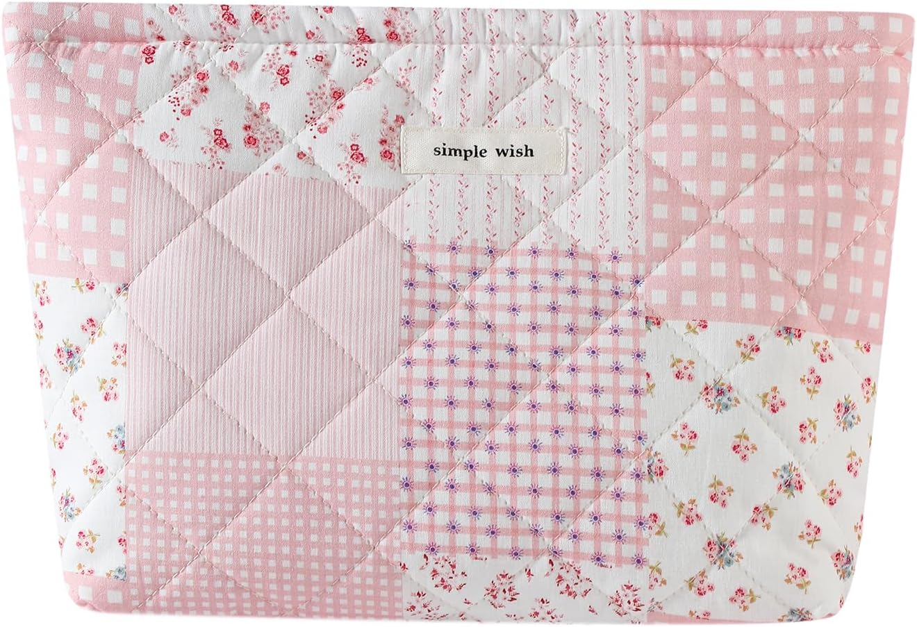 Uekeboag Quilted Floral Cotton Makeup Pouch,Coquette Quilted Cosmetic Bag for Women and Girls, Aesthetic Organizer Bag, Flower Cute Travel Toiletry Bags, Patchwork Pink, Vintage Chic image number 3