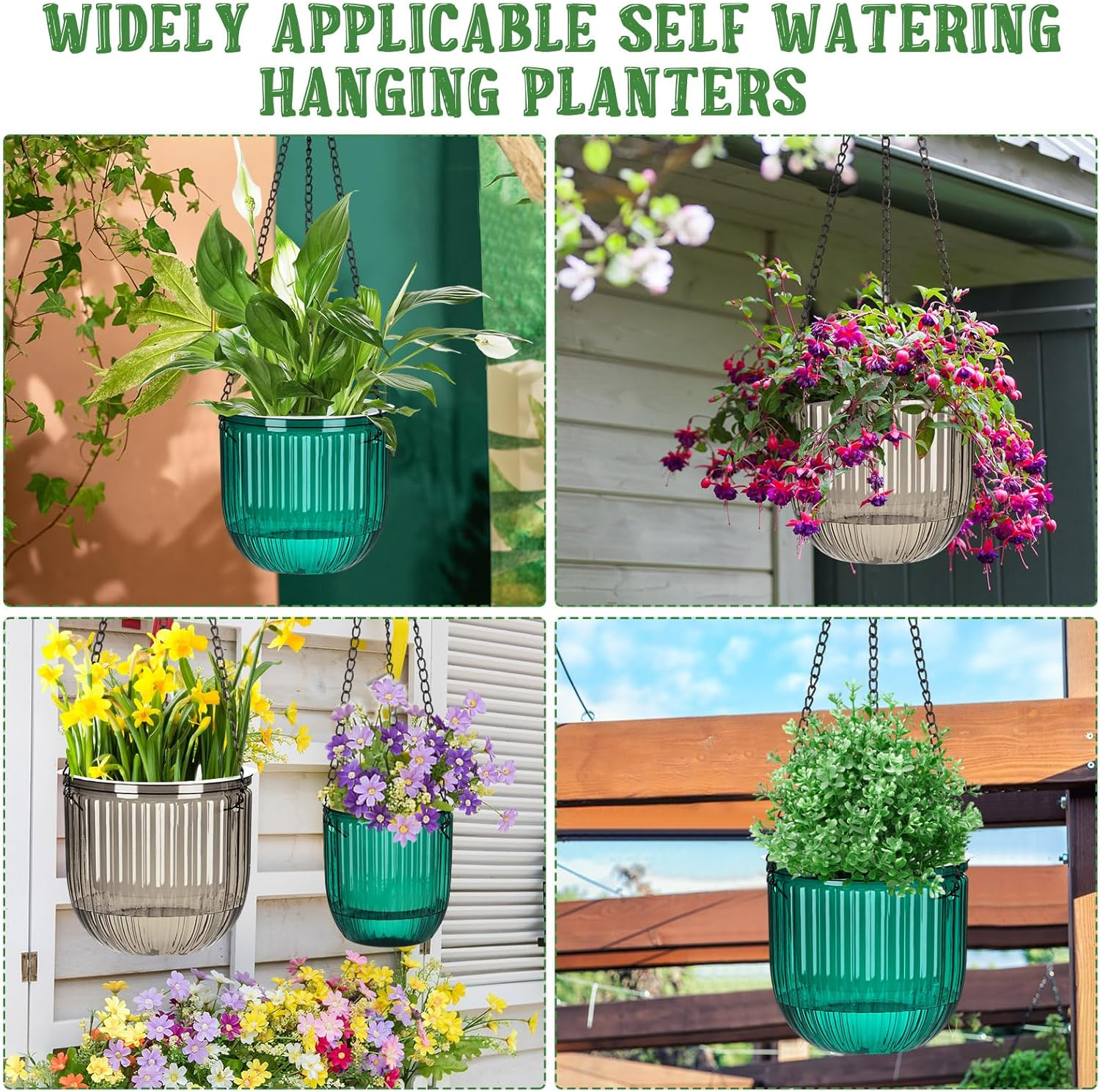 Maxcheck 4 Pcs Self Watering Hanging Planters Indoor Gift 6.5'' 4.5'' Hanging Flower Pots Baskets Outdoor Self Watering Plant with 3Hooks Drainage Holes for Home(Emerald,Grey)