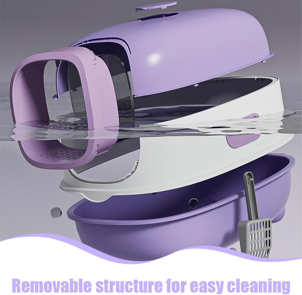 Cat Litter Box with Lid and Scoop UV Sterilization and Deodorization, Easy to Clean and Splash-Proof Detachable Cat Litter Tray with Hood for Medium and Small Cats 55X38X36Cm (Purple) image number 1