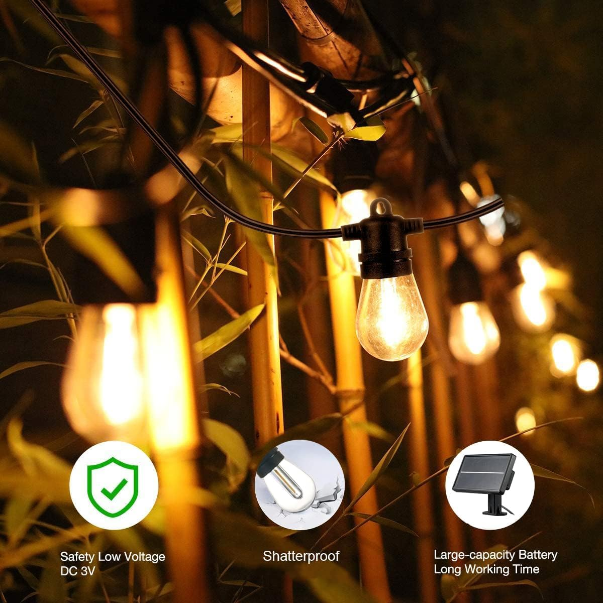 Solar Lights Outdoor 15M(49FT) - Bright Solar Festoon String Lights Outdoor with IP65 Waterproof Shatterproof 16 Bulbs for Backyard, Garden, Yard, Camping, Party, Christmas image number 1