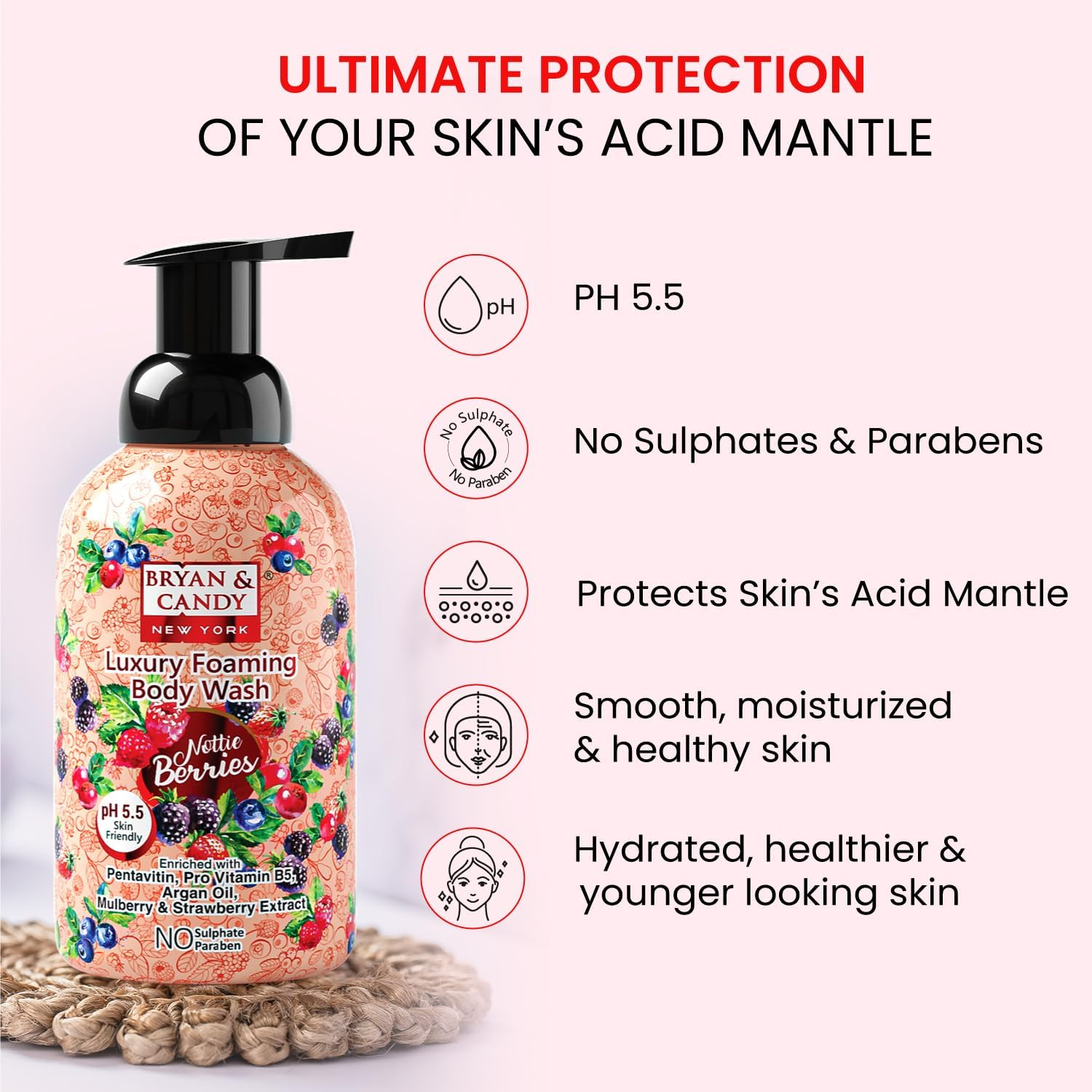 Bryan & Candy Nottie Berries Luxury Foaming Body Wash with Pentavitin, Pro Vit B5, Argan Oil, Mulberry & Strawberry Extract, Skin Friendly Ph 5.5, All Skin Types, 400 Ml image number 3