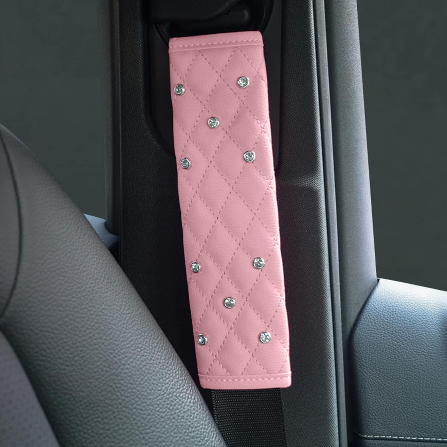 Seatbelt Shoulder Pads Leather Luster Crystals Seat Belt Covers Universal Fit Car Decor Accessories for Women Girl (Pink, 24 * 5CM) image number 1