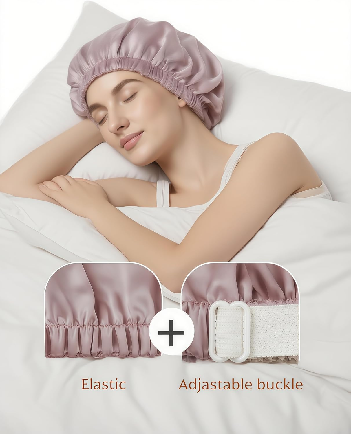 100% Mulberry Silk Bonnet for Sleeping, Double Layered 22 Momme Silk Hair Wrap with Adjustable Elastic Band, Soft & Breathable Pure Silky Hair Bonnet Reduce Frizz (Bean Paste) - Bean Paste image number 4