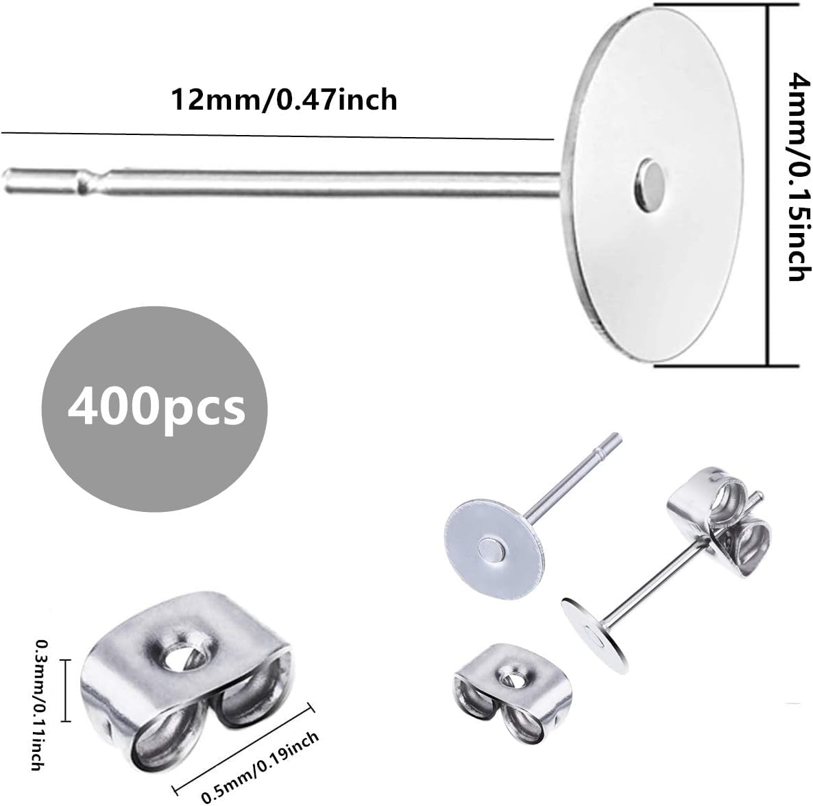 400 PCS 4MM Hypoallergenic Stainless Steel Earrings Posts Flat Pad Blank Earring Pin Studs with Butterfly Earring Backs, for DIY Jewelry Making image number 4