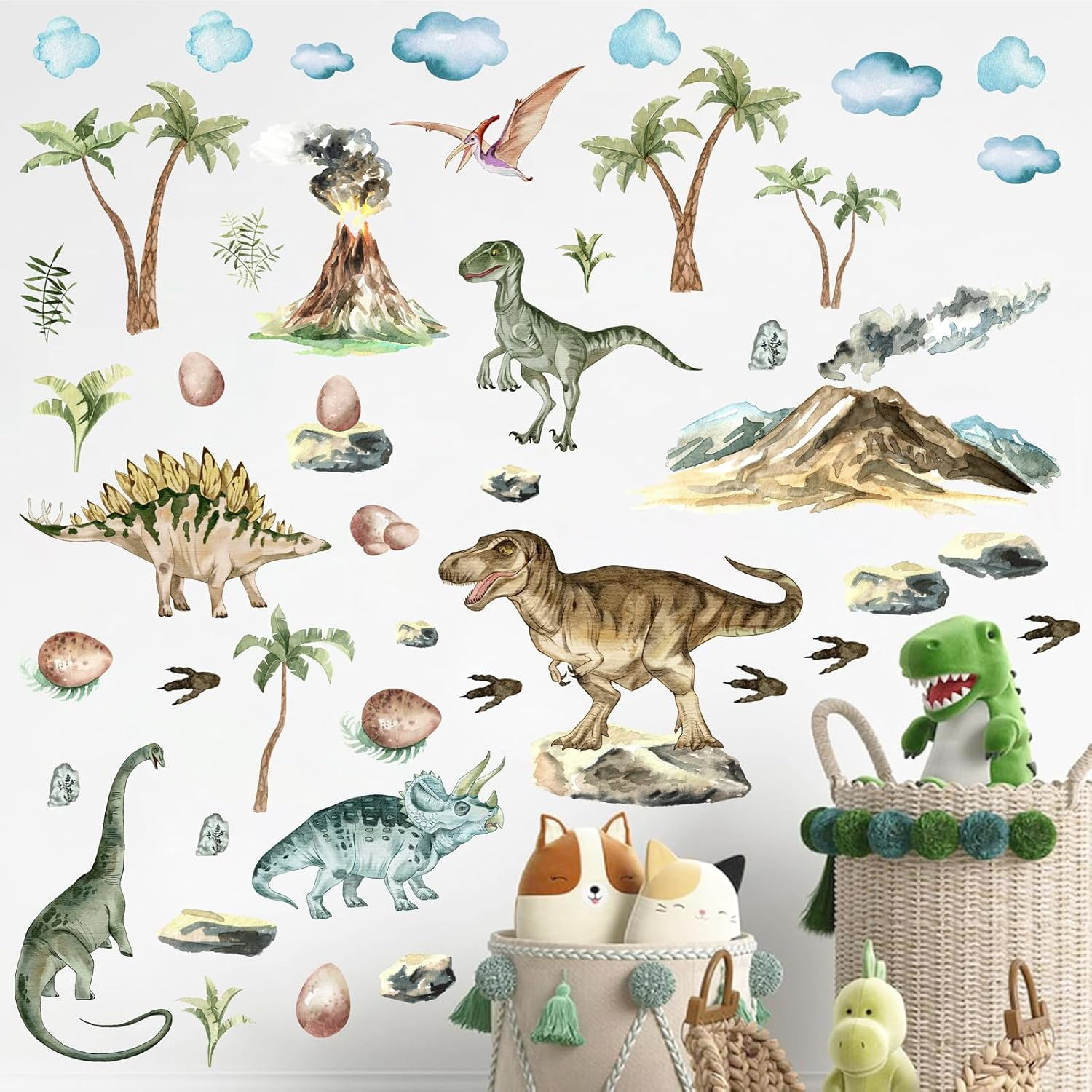 Barri Design Large Watercolor Dinosaur Wall Decals Creative Animal Dino Peel and Stick Mountain Forest Big Dinosaur Stickers for Boys Room Kids Bedroom Toddler Classroom Nursery Decor