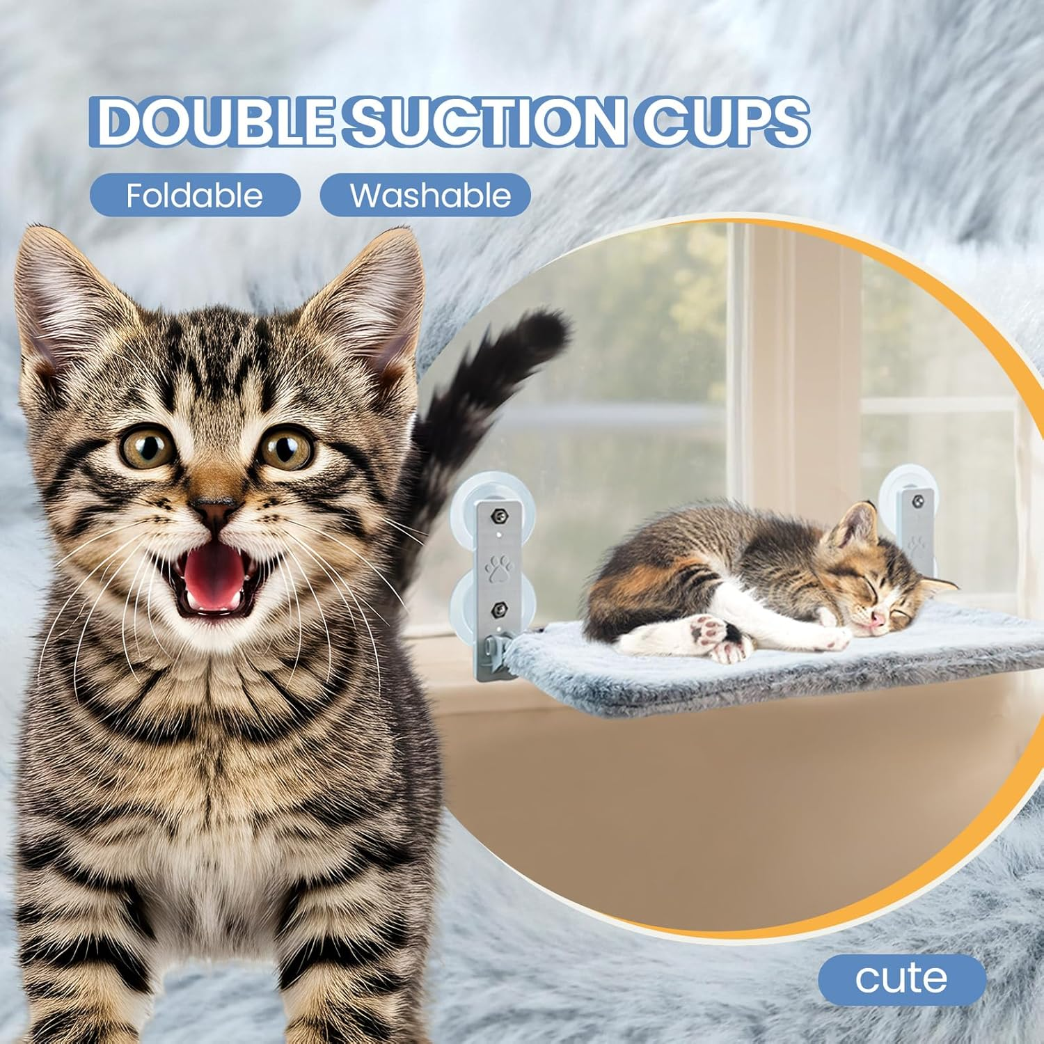 Window Perch Hammock Seat,Cat Cordless Window Bed Hammock, Holds up to 10Kg,Providing All-Around Sunbath, Space-Saving, Washable(50X30Cm) image number 4