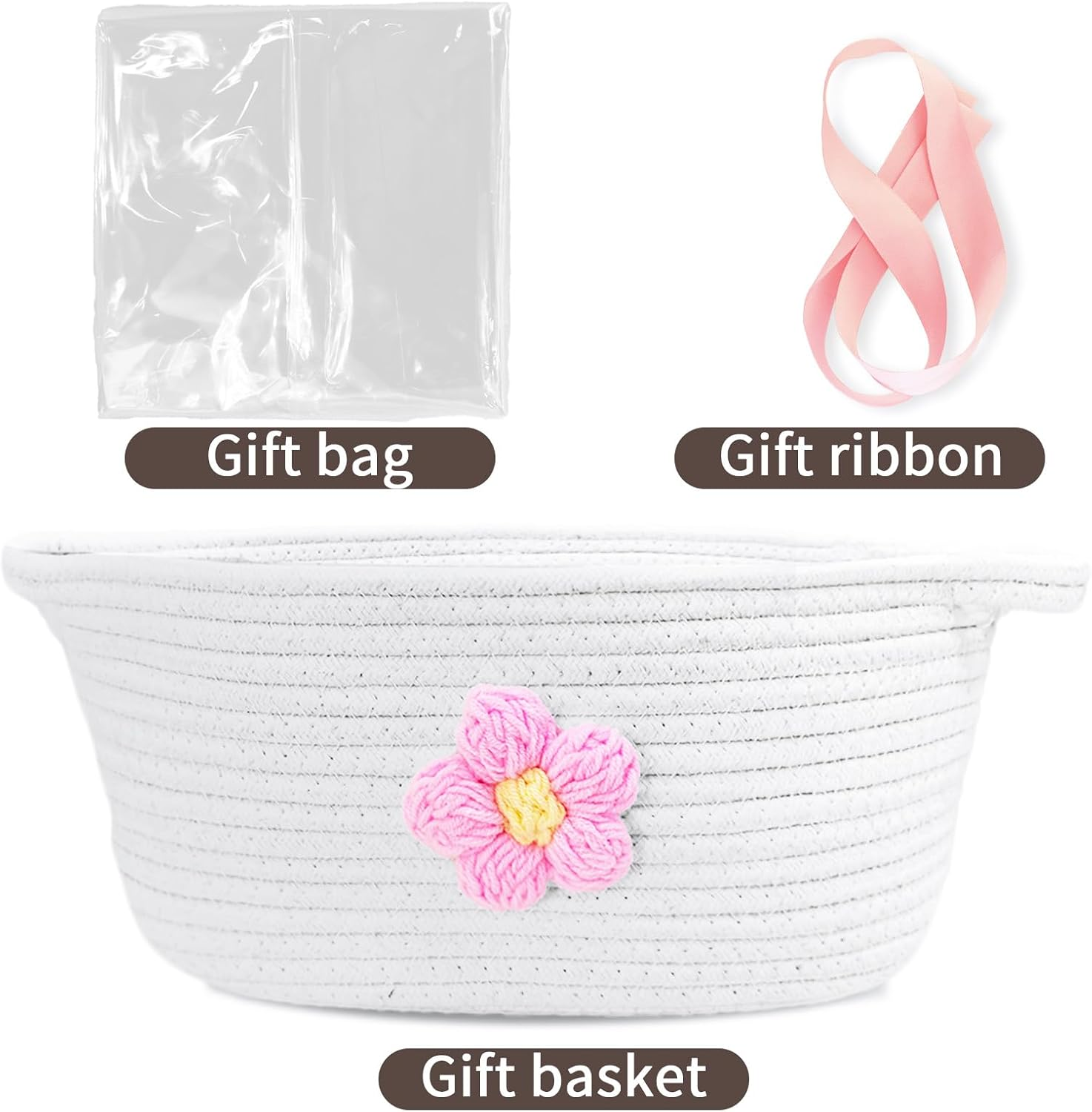 Esme L&H Small Woven Basket for Gifts Empty with Bag and Ribbon, Cute Yarn Flower Design Empty Baskets for Gift, Small Cotton Rope Organizer Bin for Various Storage Usage, 12"X9"X6" image number 6